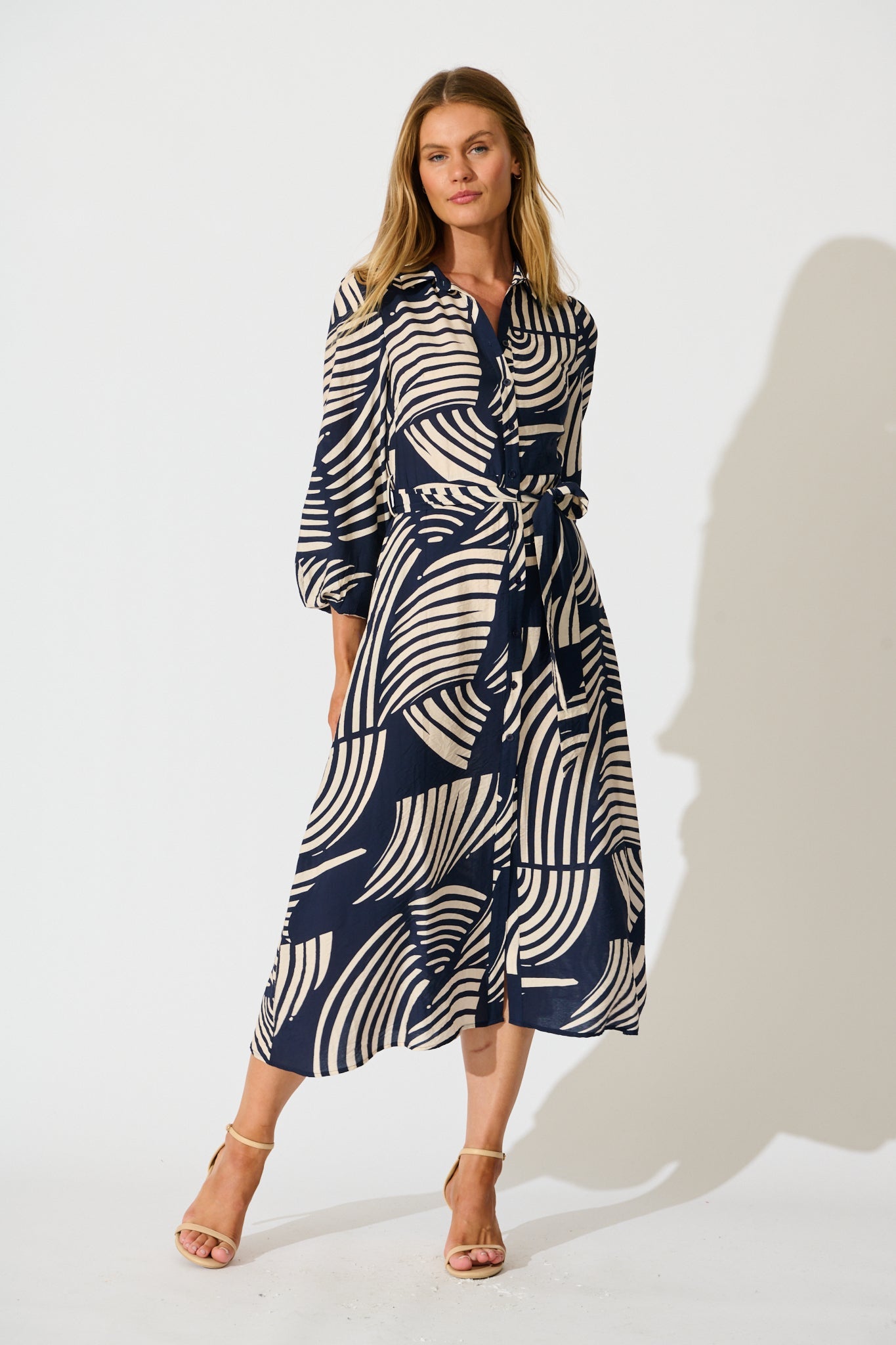 Berlina Midi Shirt Dress in Navy with Cream Linen Blend