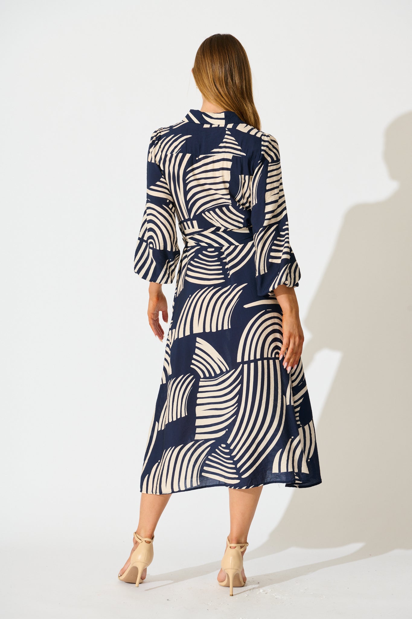 Berlina Midi Shirt Dress in Navy with Cream Linen Blend