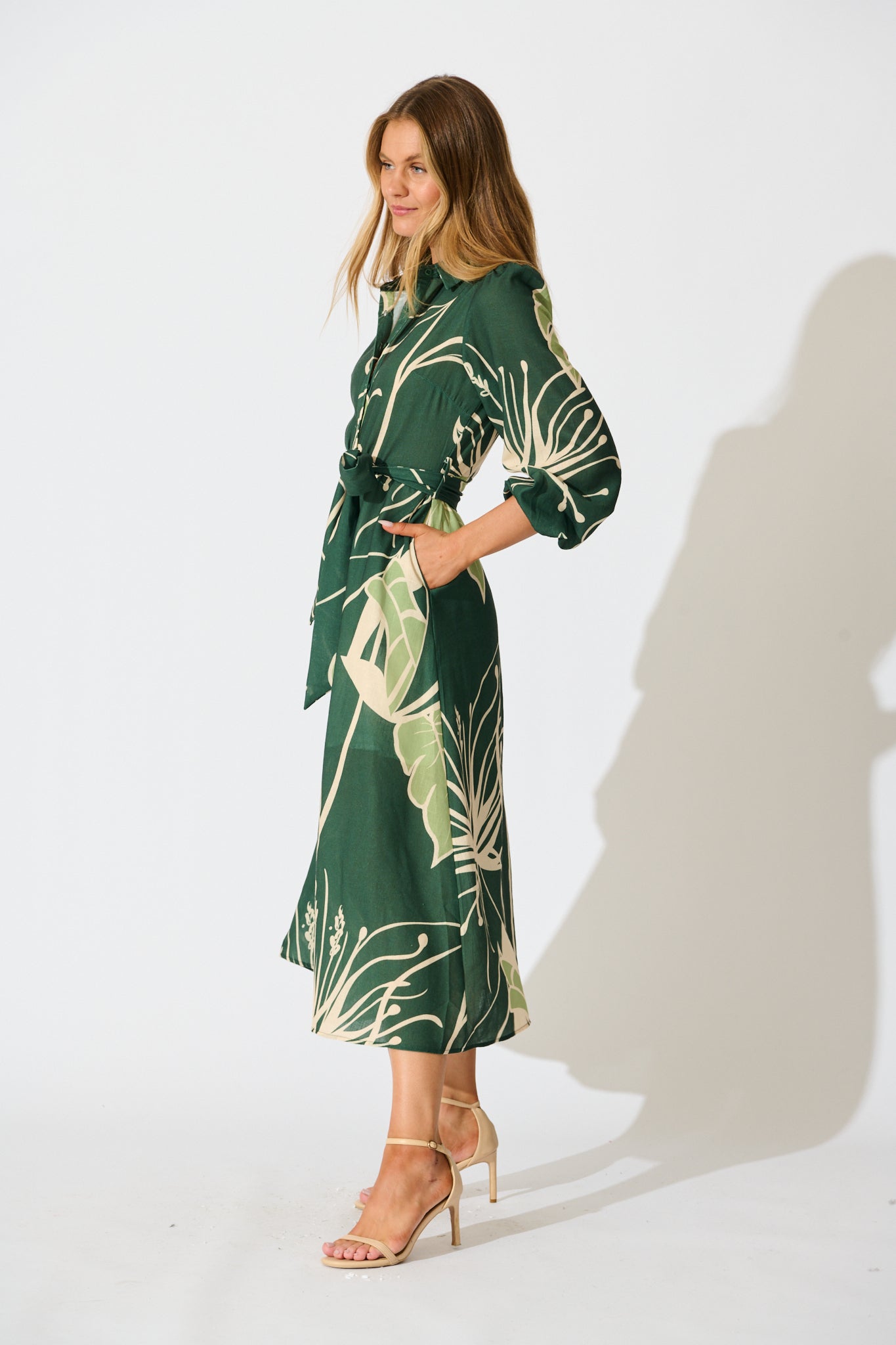 Larson Midi Shirt Dress in Green with Cream Leaf Linen Blend