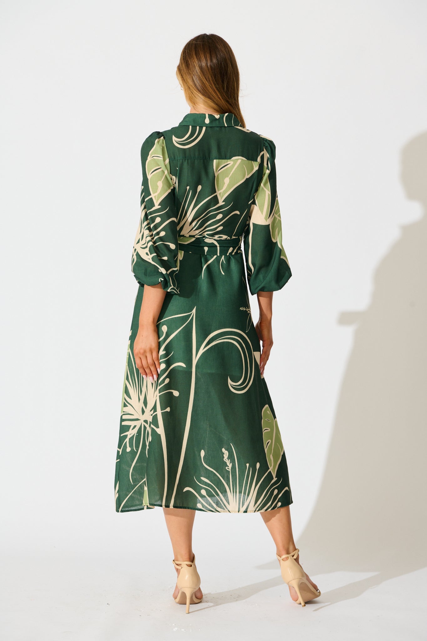 Larson Midi Shirt Dress in Green with Cream Leaf Linen Blend