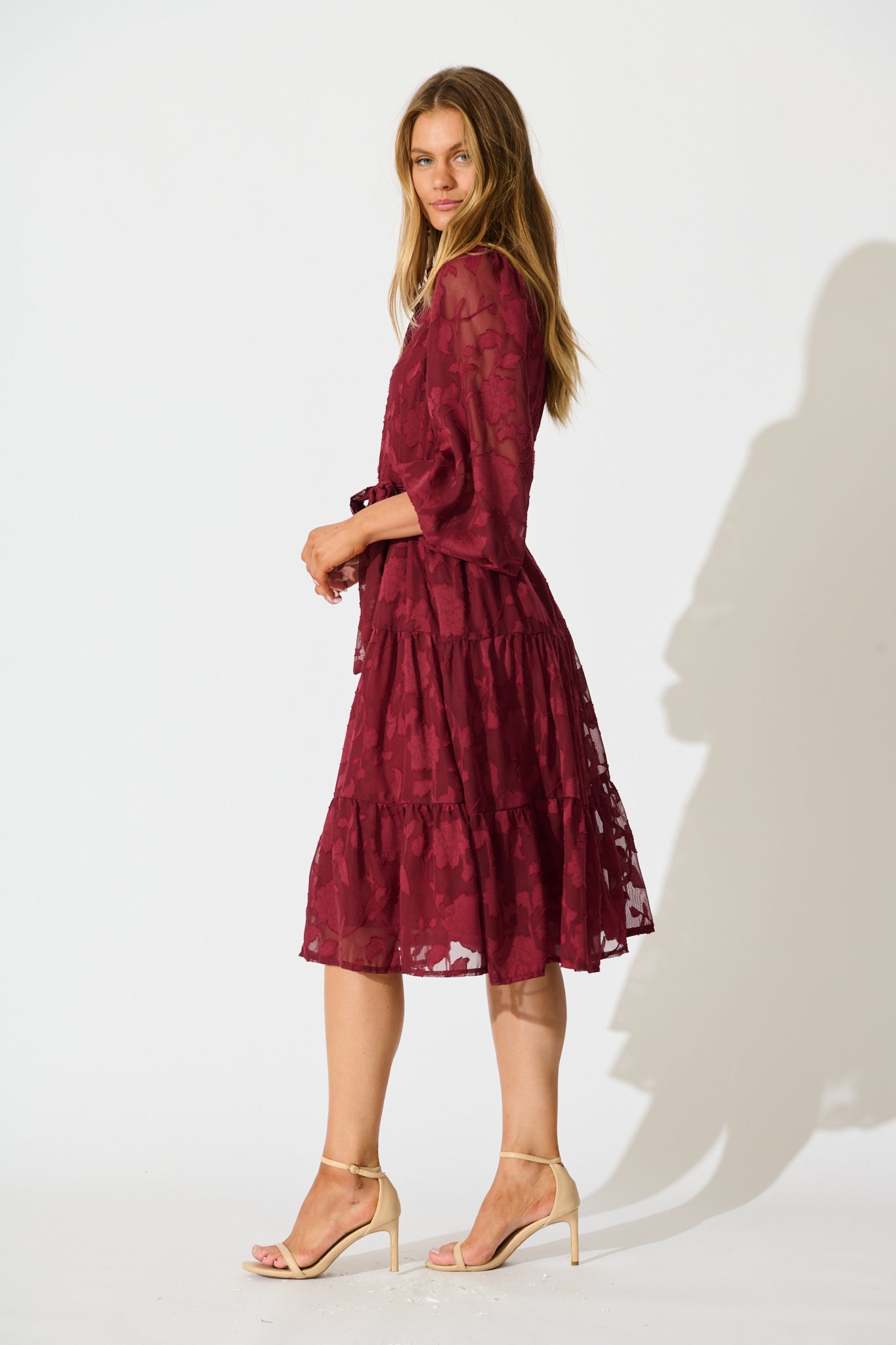 Twilight Midi Dress in Wine Floral Burnout Chiffon
