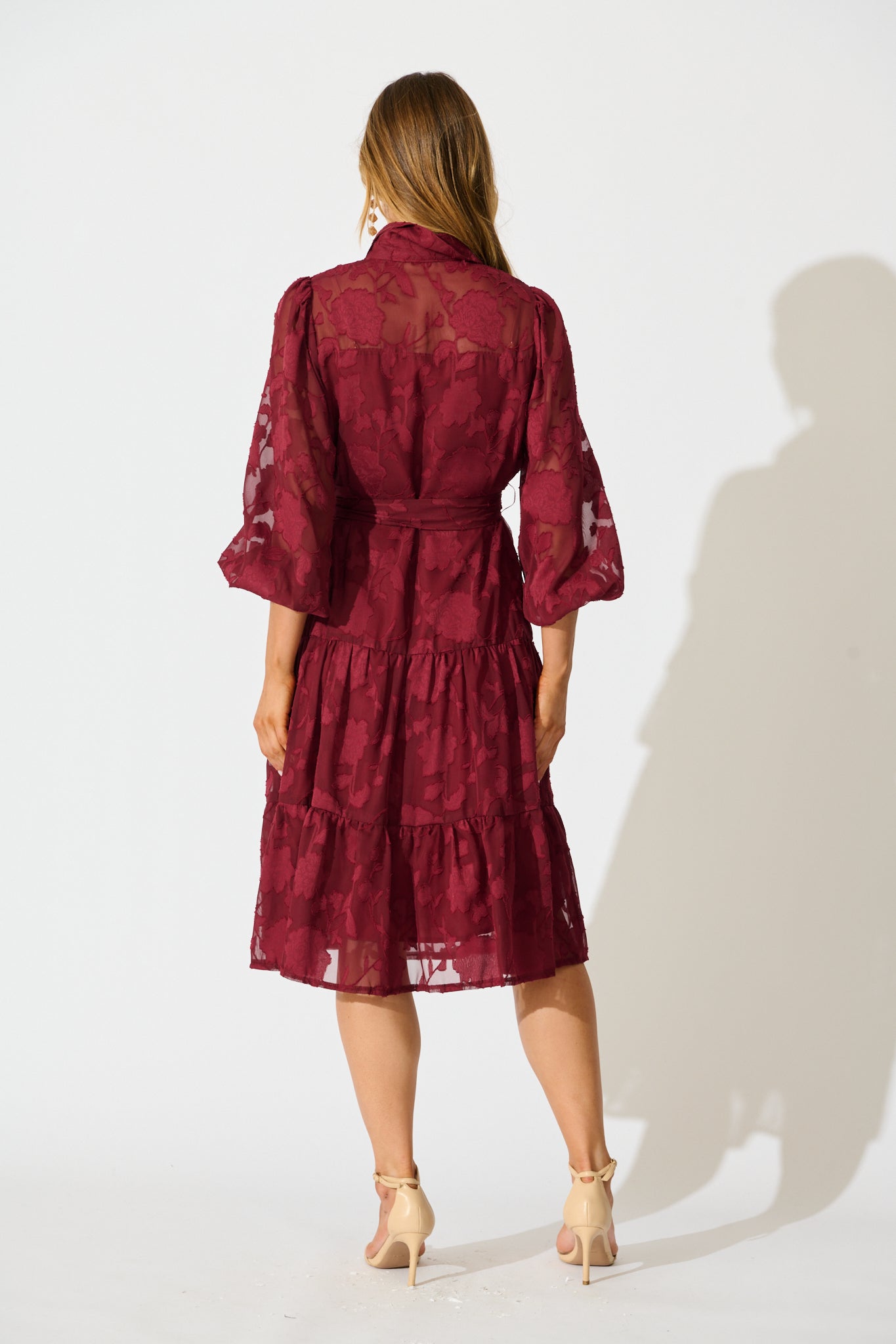 Twilight Midi Dress in Wine Floral Burnout Chiffon