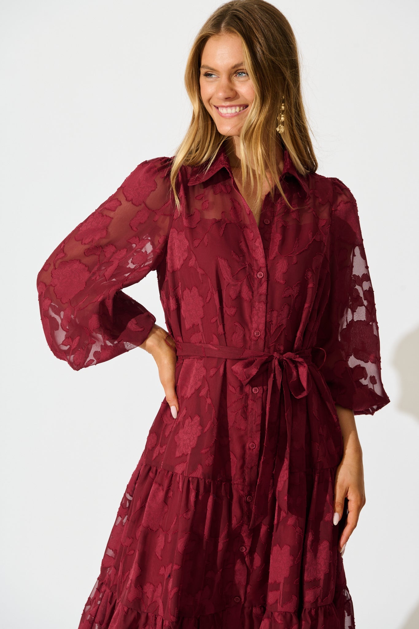 Twilight Midi Dress in Wine Floral Burnout Chiffon