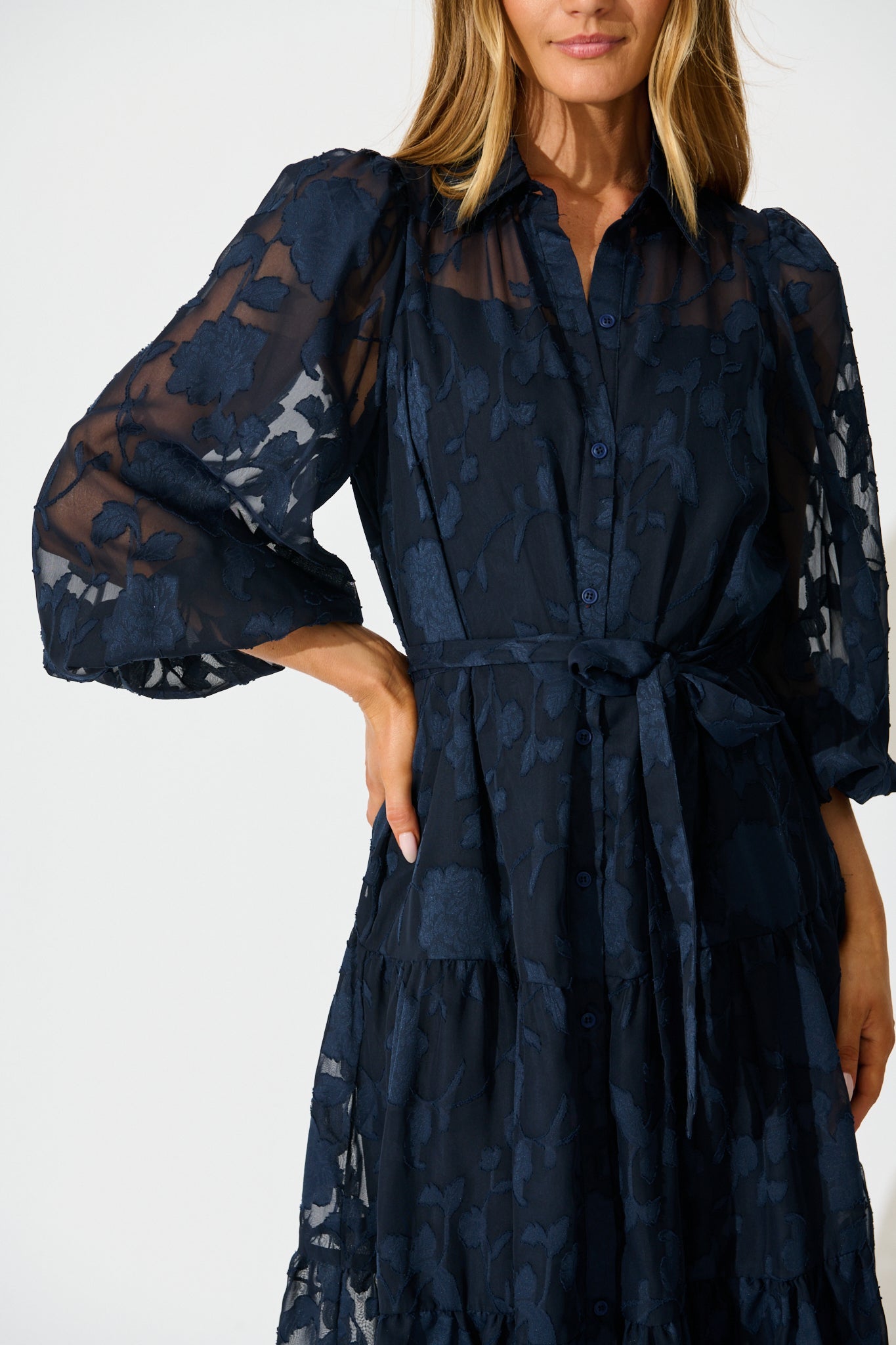 Twilight Midi Dress in Navy Floral Burnout Chiffon