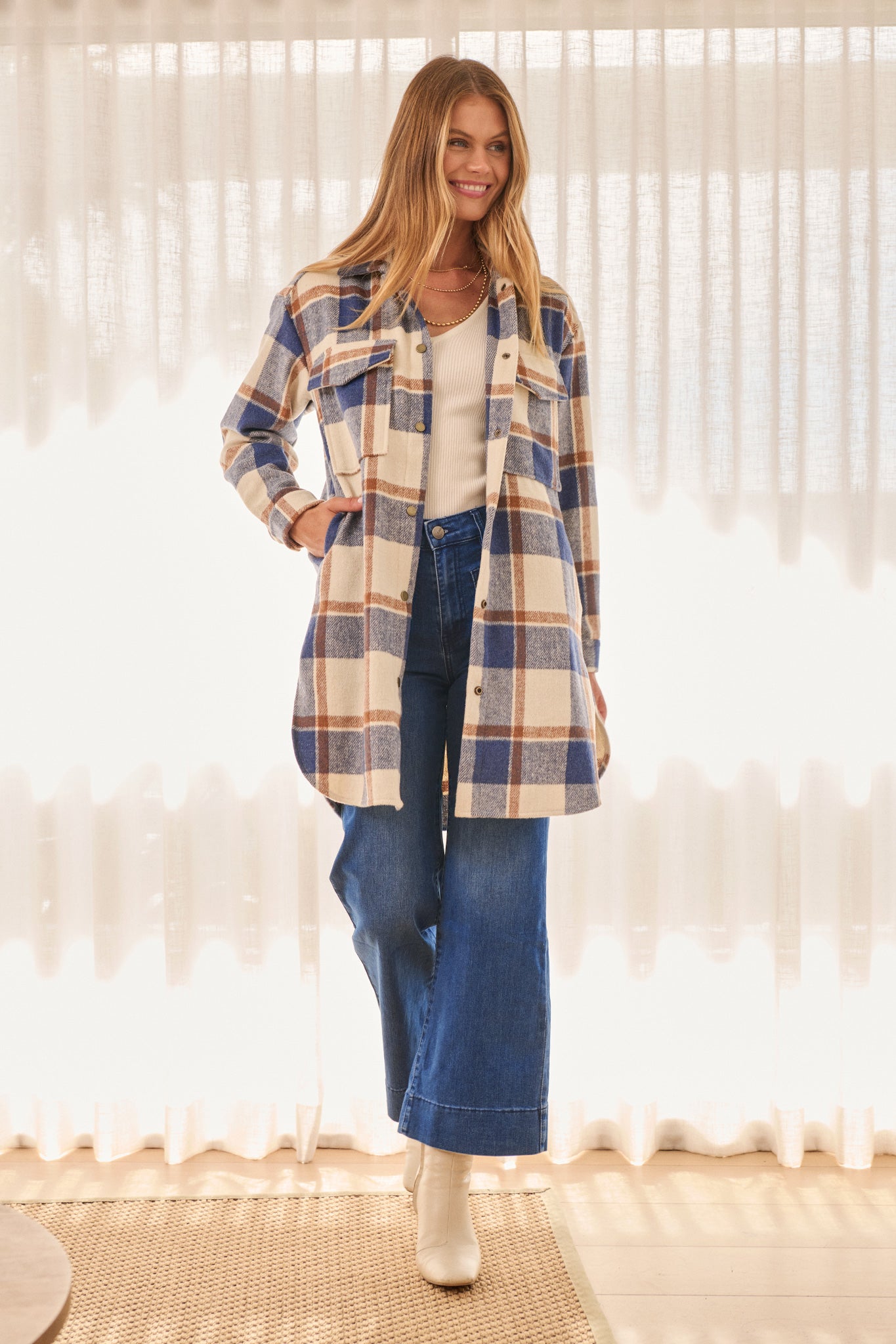 Mariana Shacket in Cream with Blue Check Wool Blend