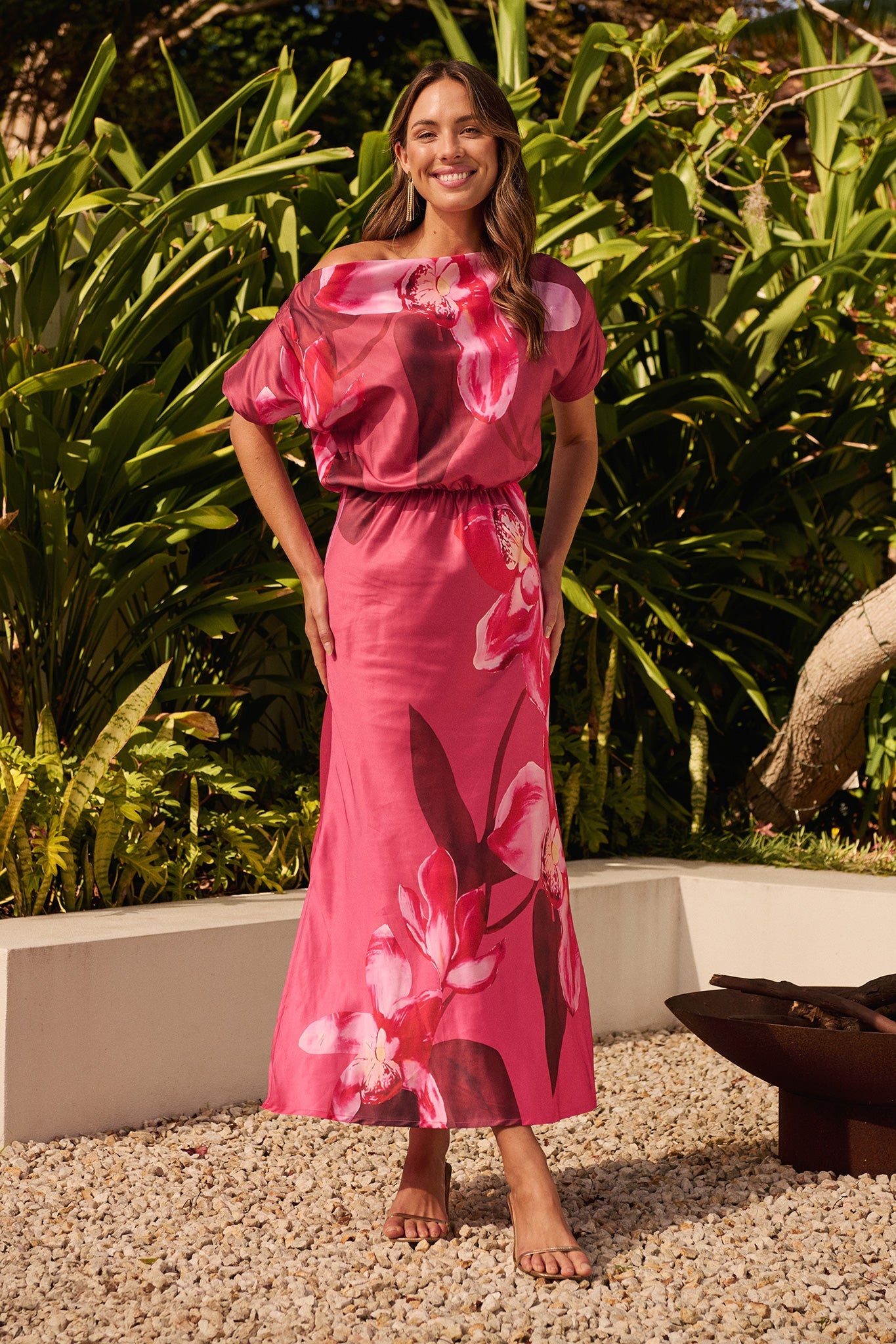 Sarita Maxi Off Shoulder Dress in Multi Pink Floral Satin