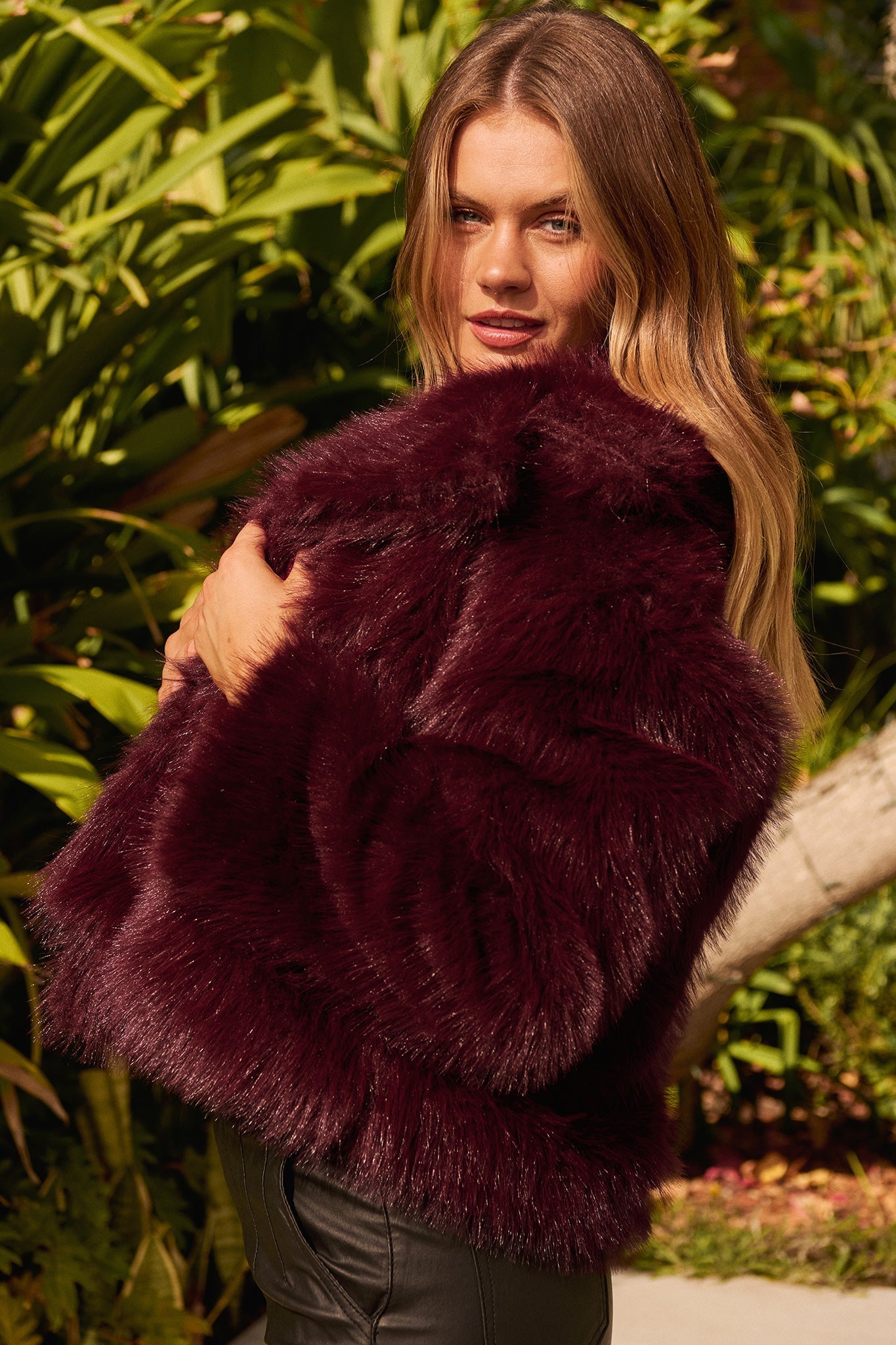 Maison Layer Faux Fur Jacket in Wine