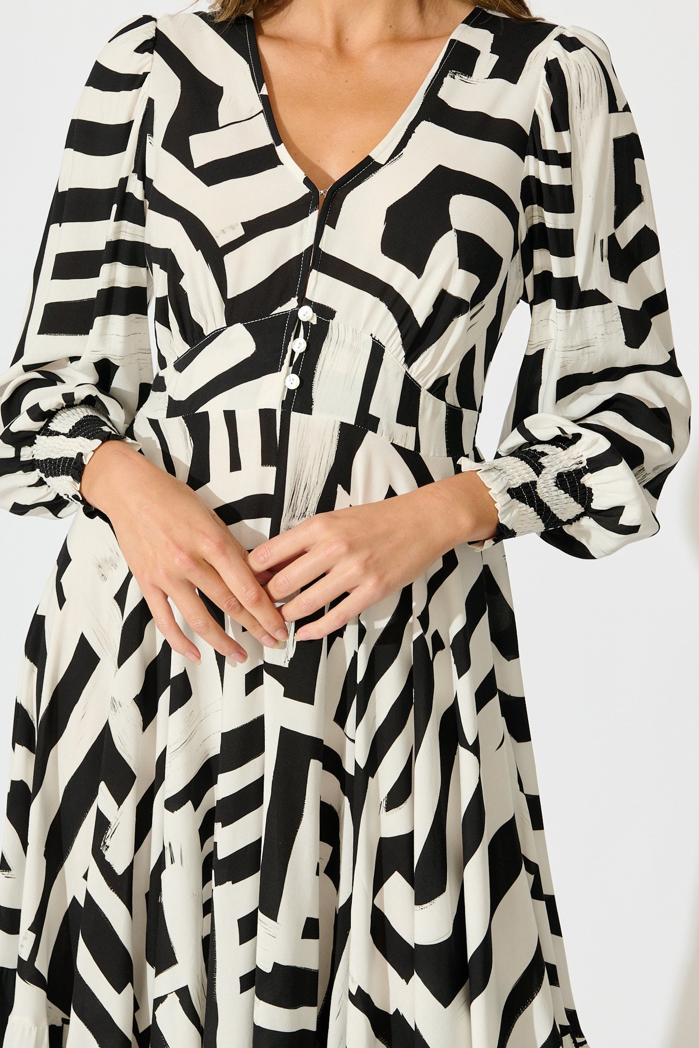 Neveena Maxi Dress in Black with White Geometric Print