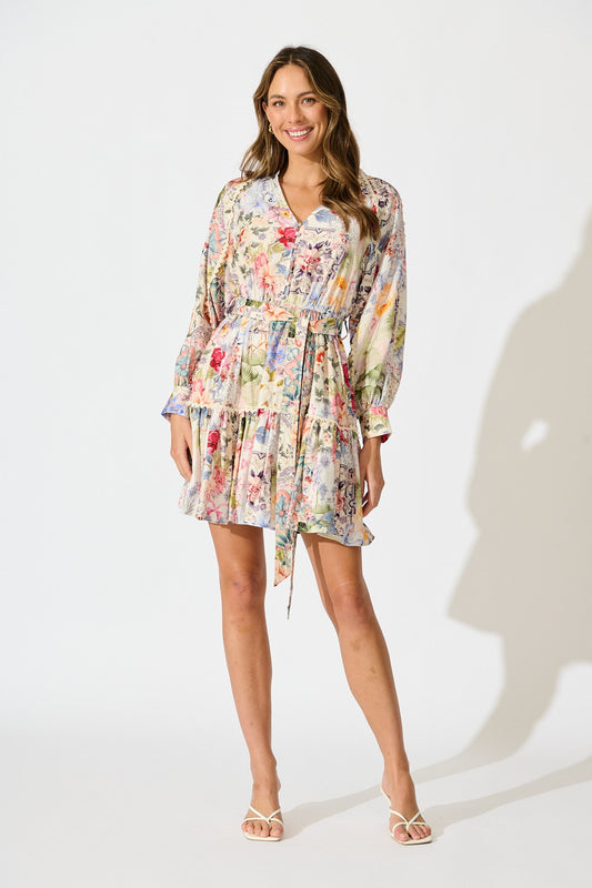 Athena Dress in White with Multi Floral Print