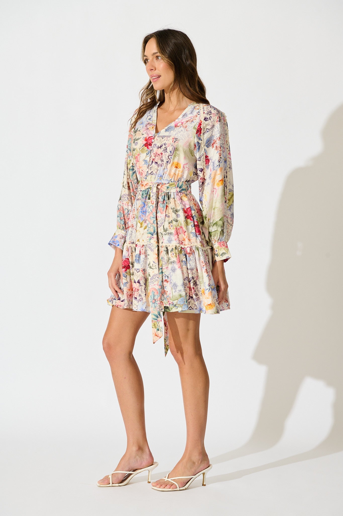 Athena Dress in White with Multi Floral Print