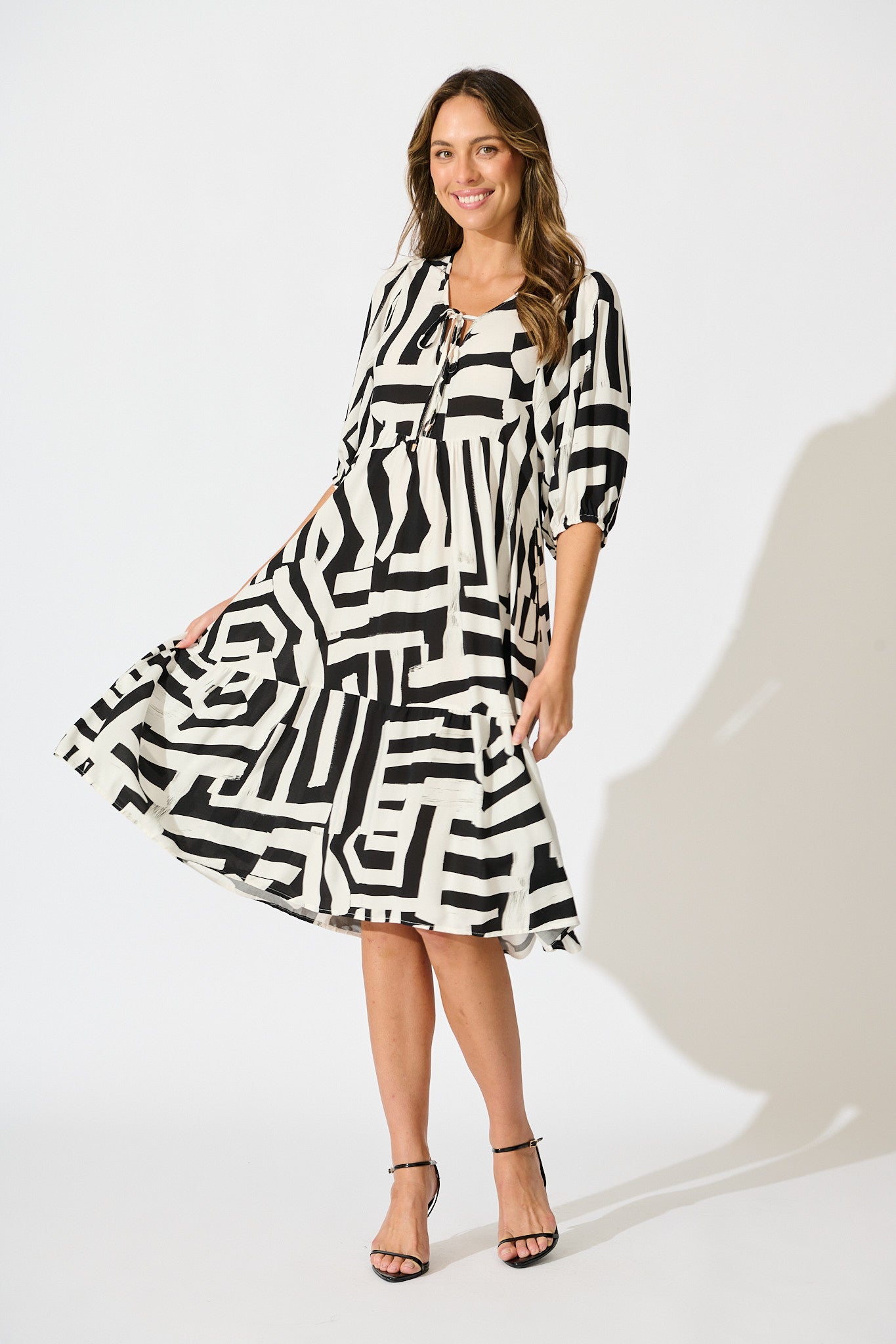 Luminous Midi Dress in Black with White Geometric Print