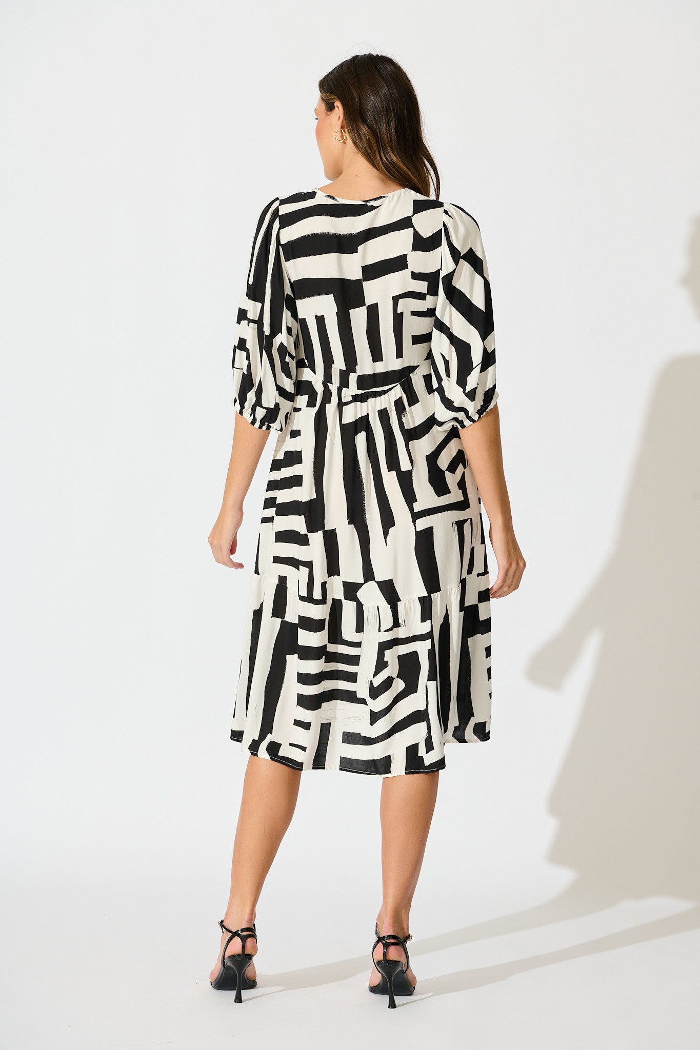 Luminous Midi Dress in Black with White Geometric Print