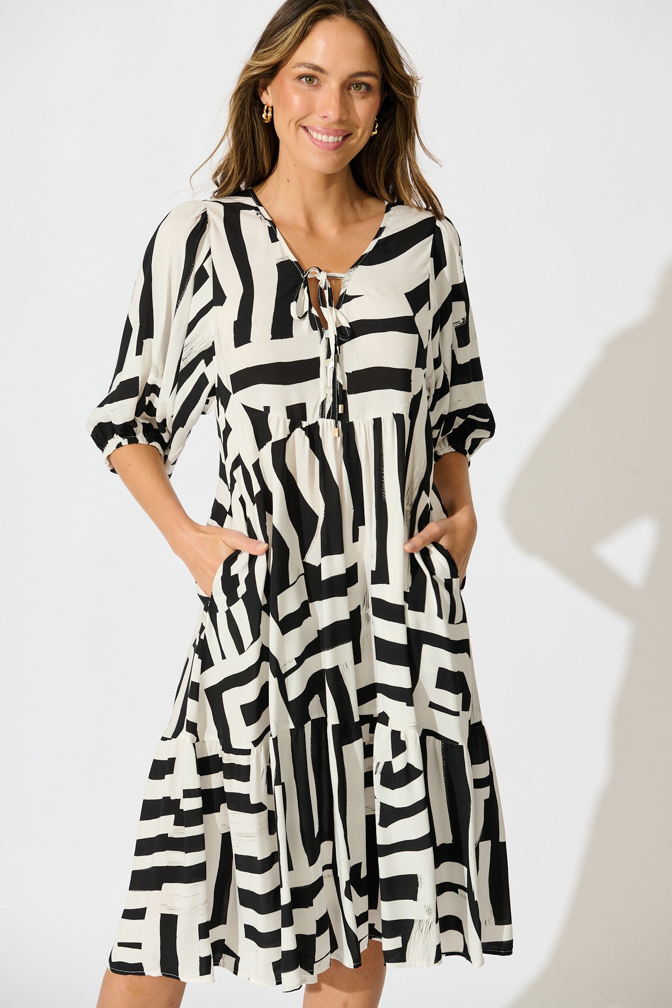 Luminous Midi Dress in Black with White Geometric Print
