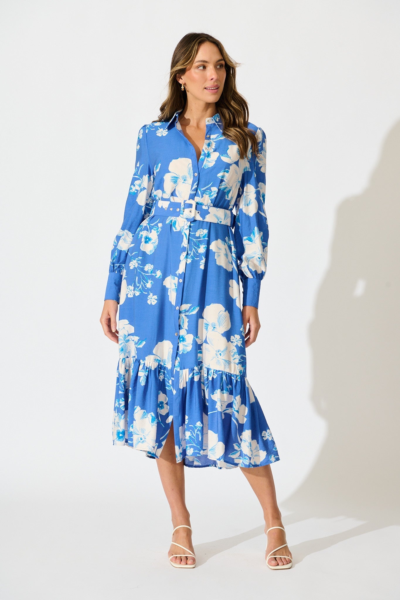 Mikayla Midi Shirt Dress in Blue with White Floral Linen Blend