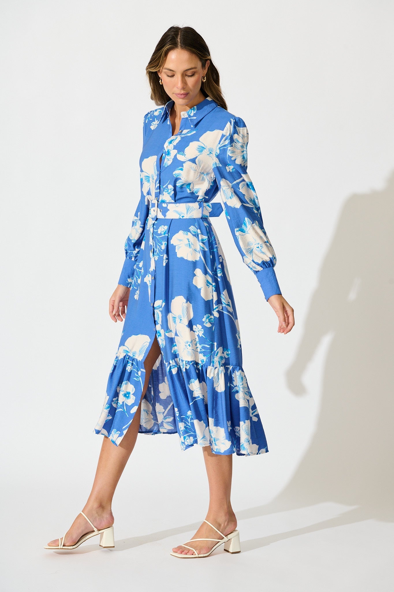 Mikayla Midi Shirt Dress in Blue with White Floral Linen Blend