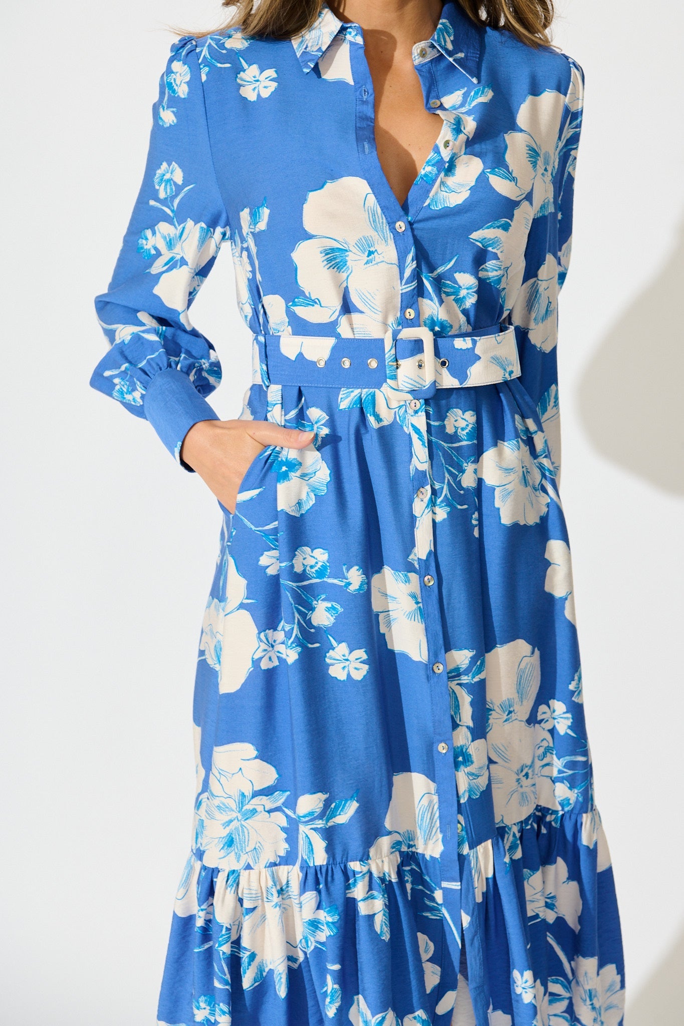 Mikayla Midi Shirt Dress in Blue with White Floral Linen Blend