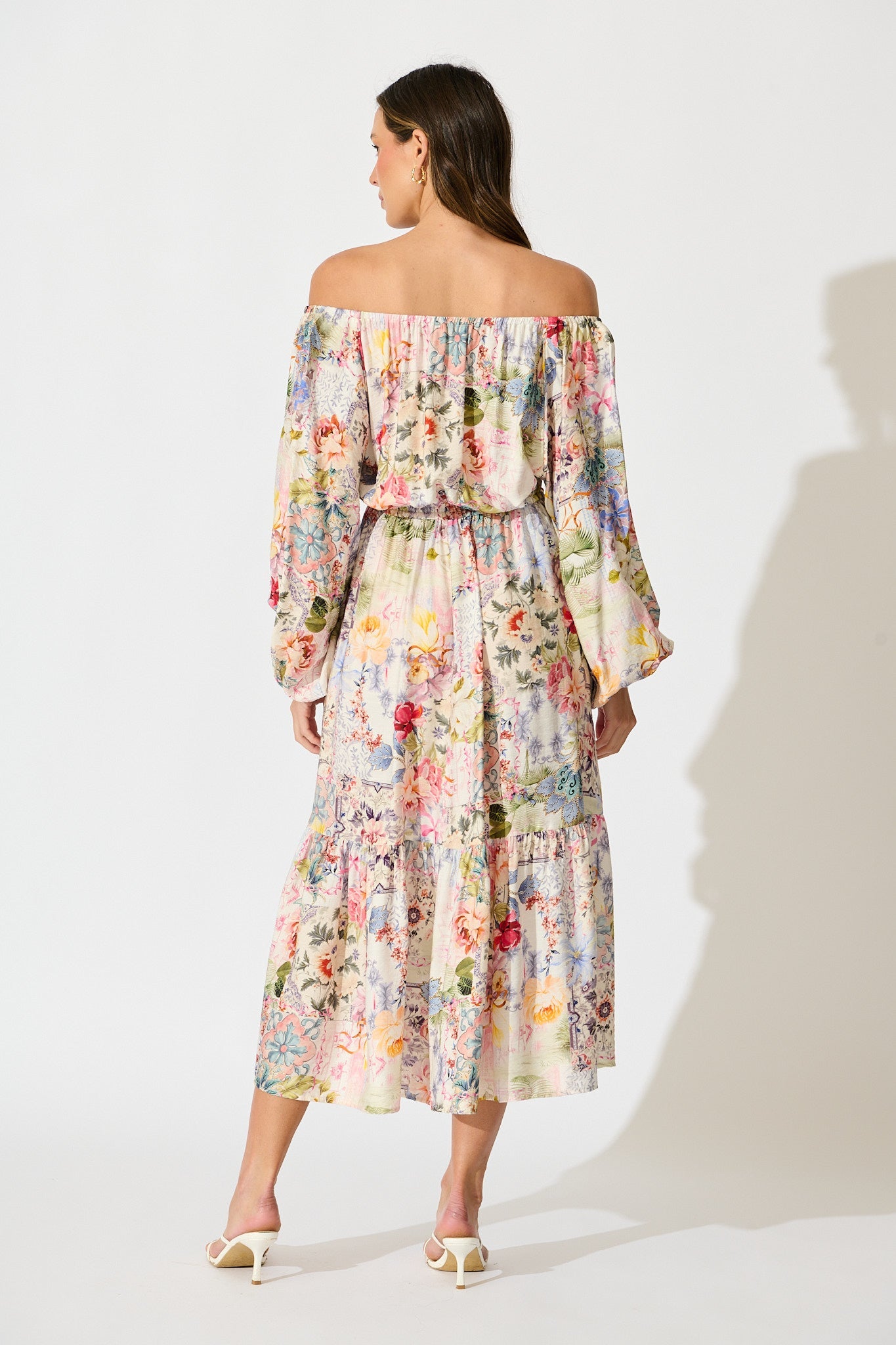 Connie Midi Dress in White with Multi Floral Print