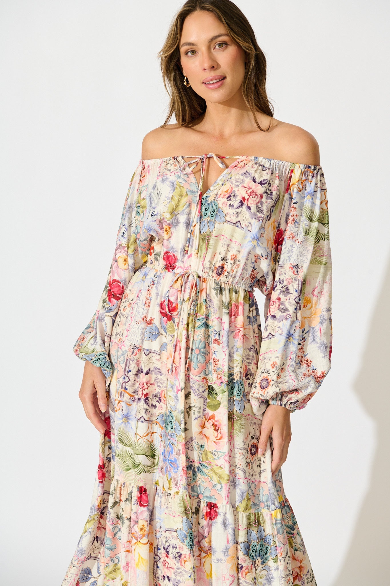 Connie Midi Dress in White with Multi Floral Print