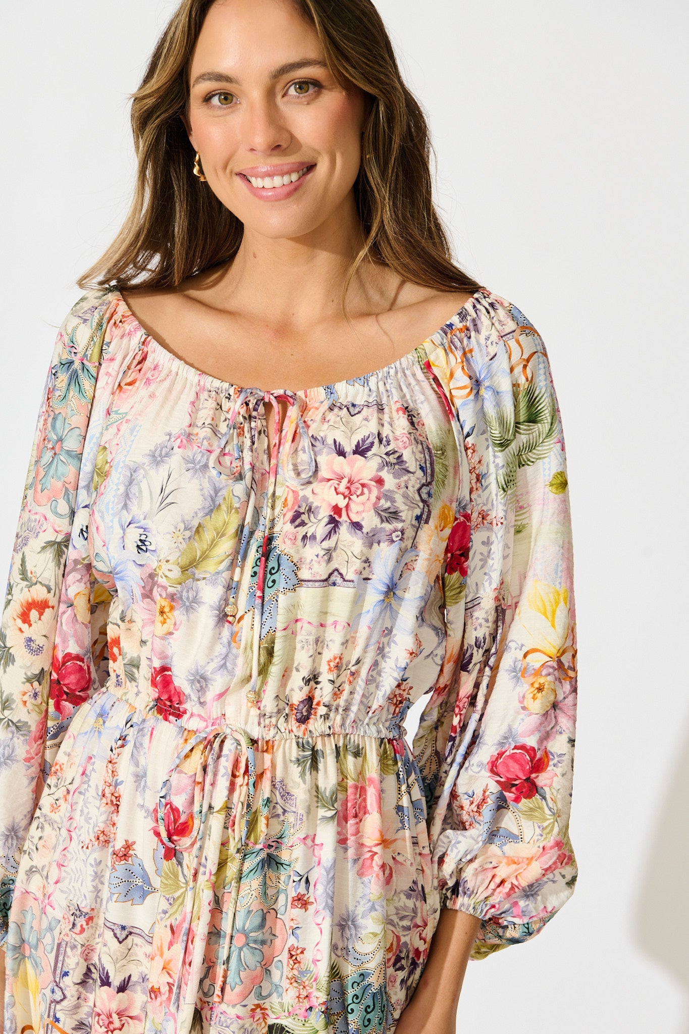 Connie Midi Dress in White with Multi Floral Print