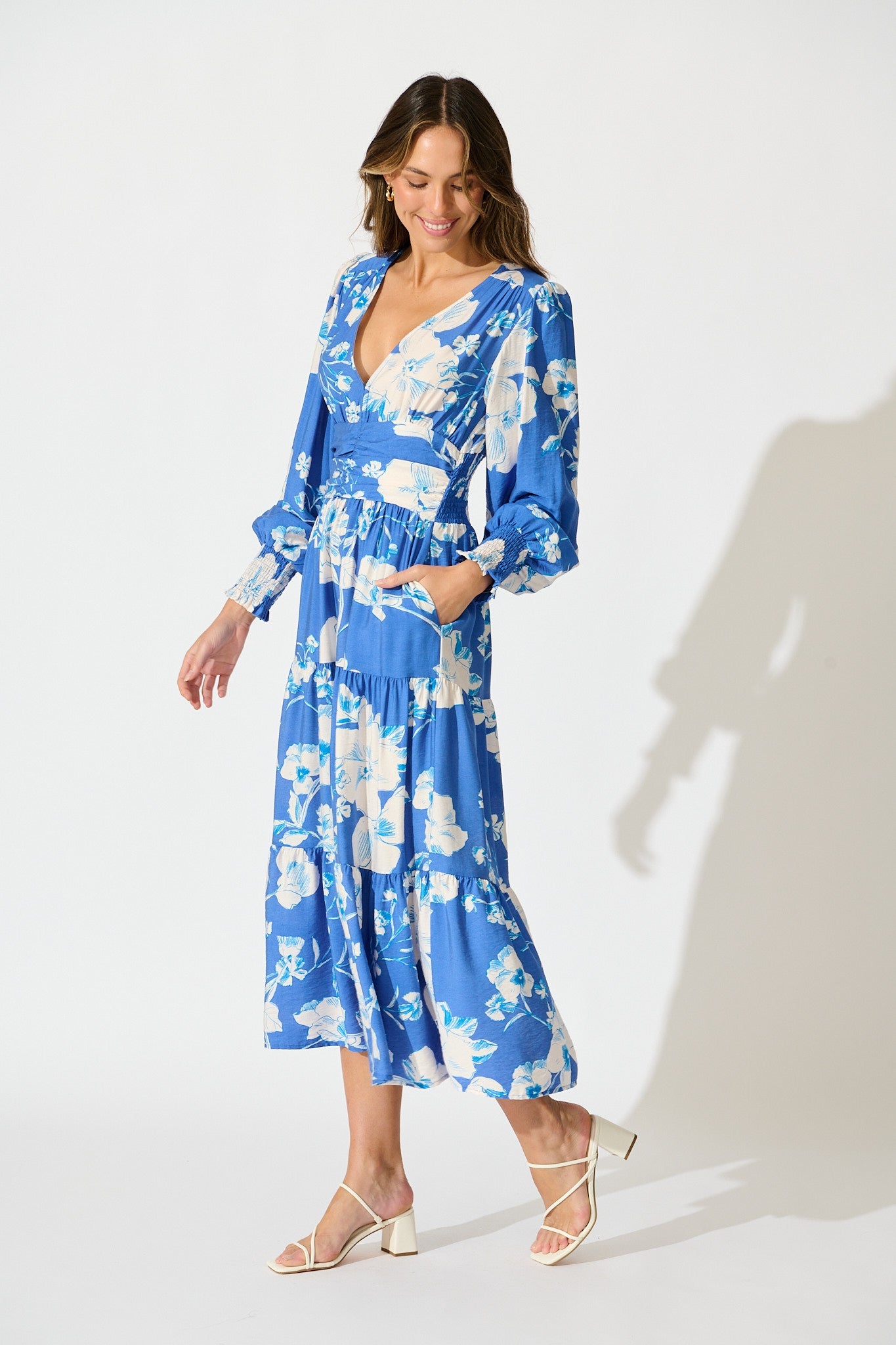 Belize Midi Dress in Blue with White Floral Linen Blend