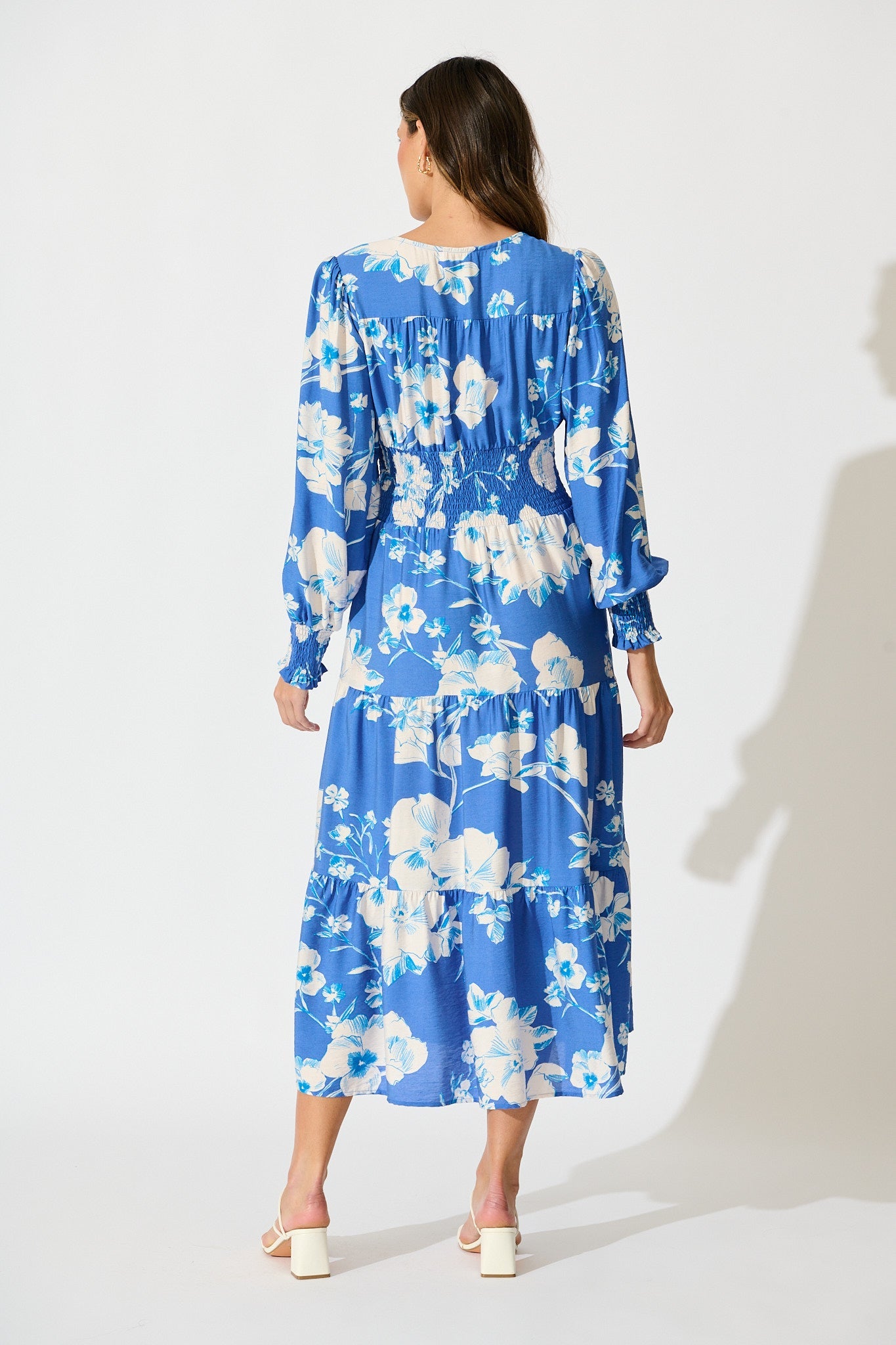 Belize Midi Dress in Blue with White Floral Linen Blend