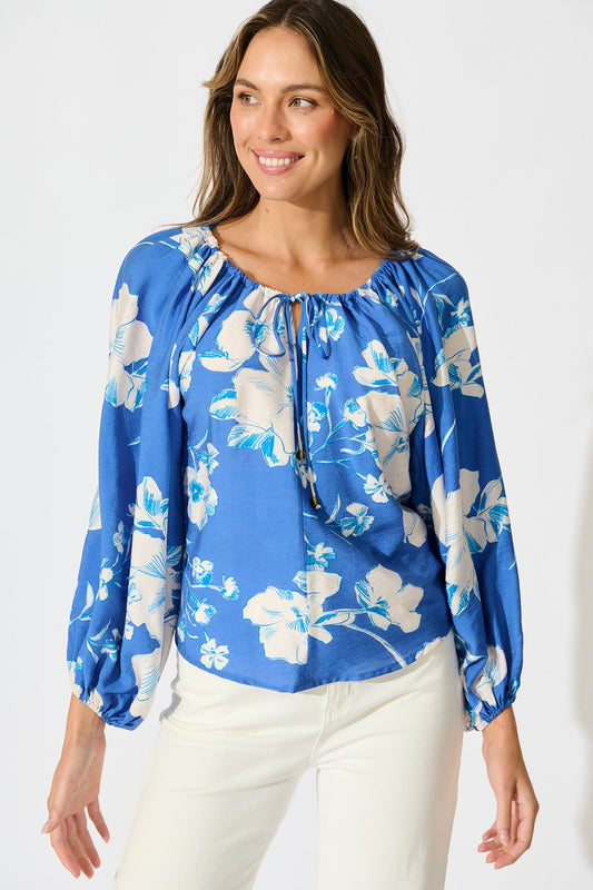 Marcy Top in Blue with White Floral Linen Blend