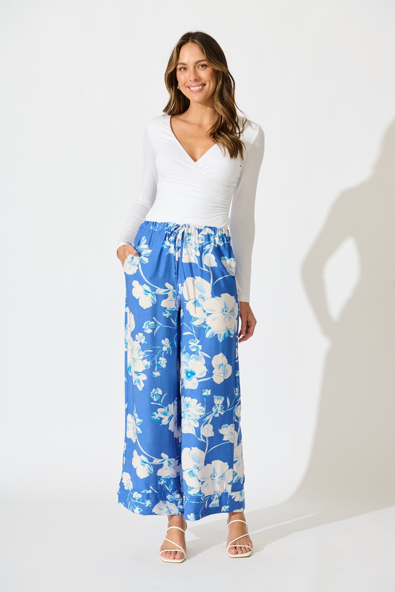 Octavia Pant in Blue with White Floral Linen Blend