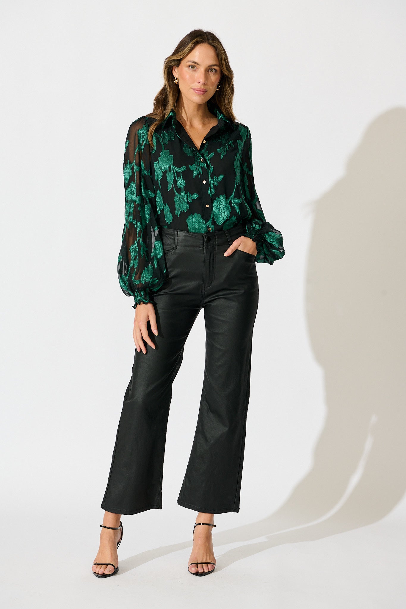 Irene Shirt in Black with Emerald Floral Burnout Chiffon
