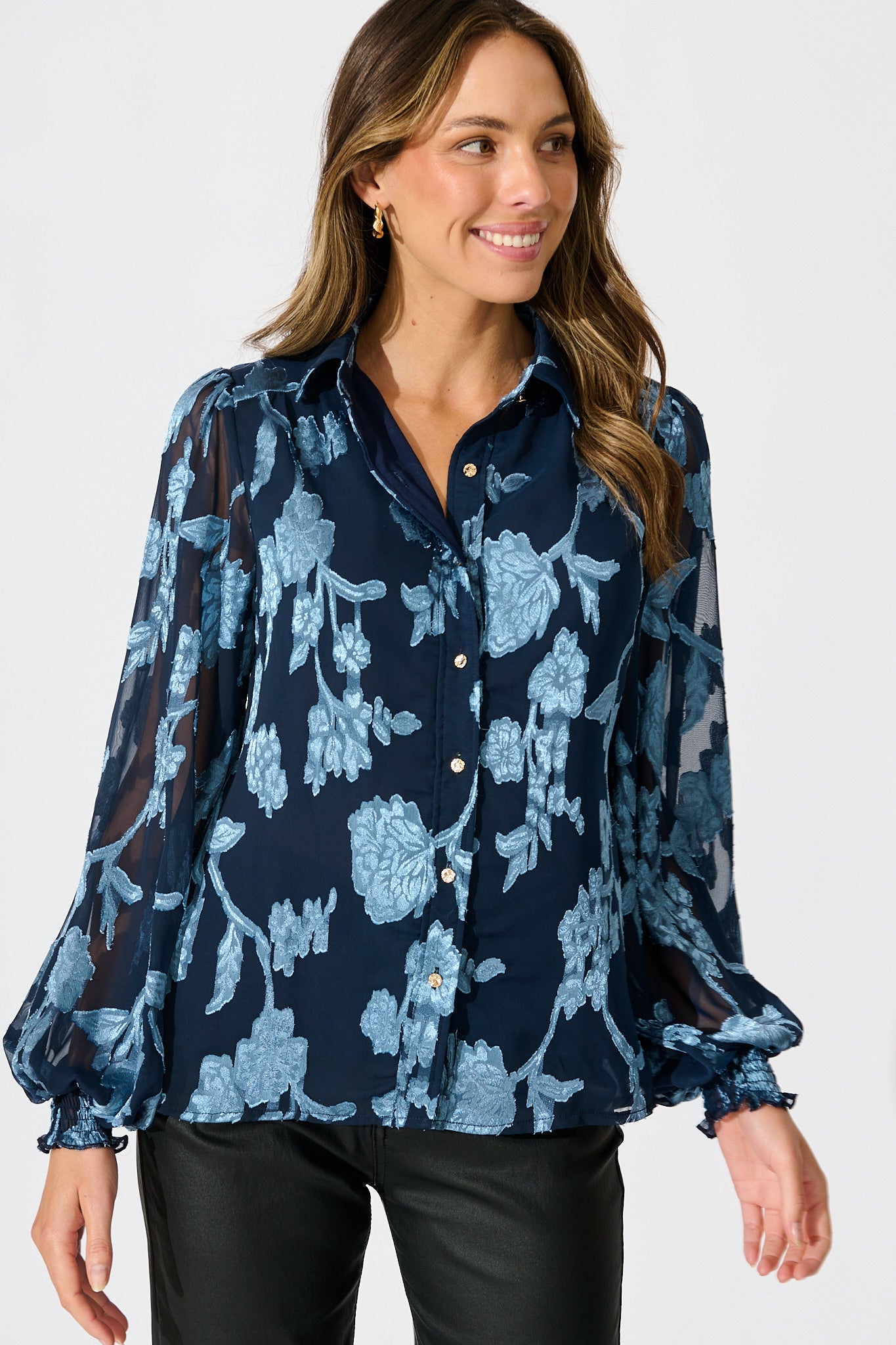 Irene Shirt in Navy with Blue Floral Burnout Chiffon