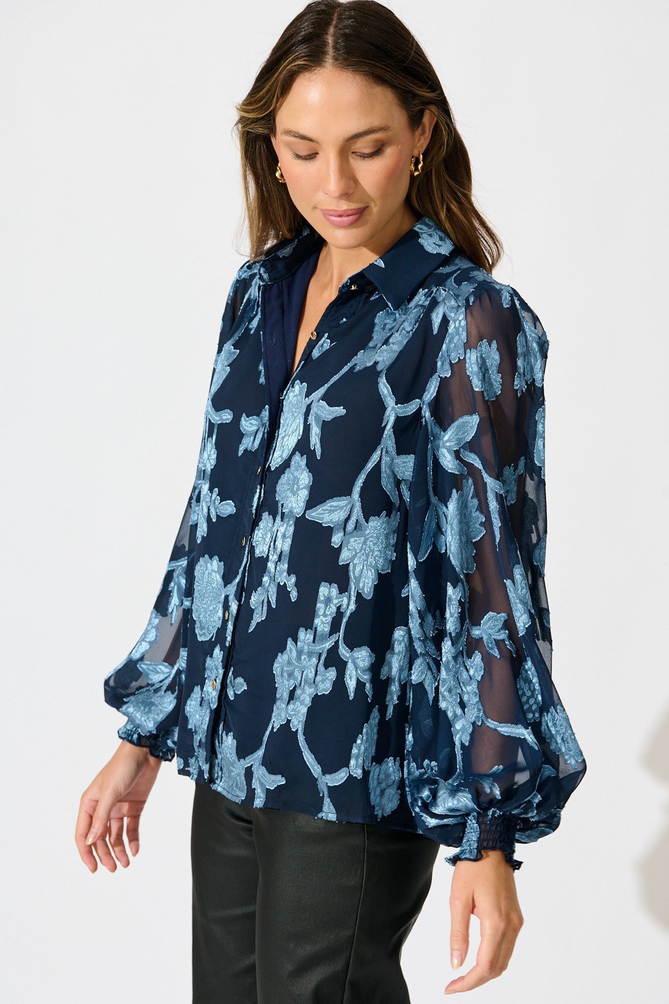 Irene Shirt in Navy with Blue Floral Burnout Chiffon