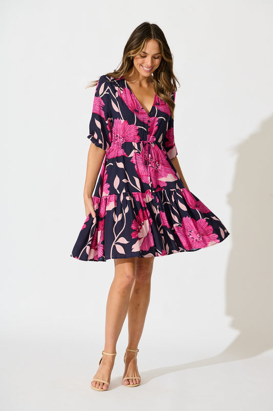 Apollo Dress in Navy with Pink Floral