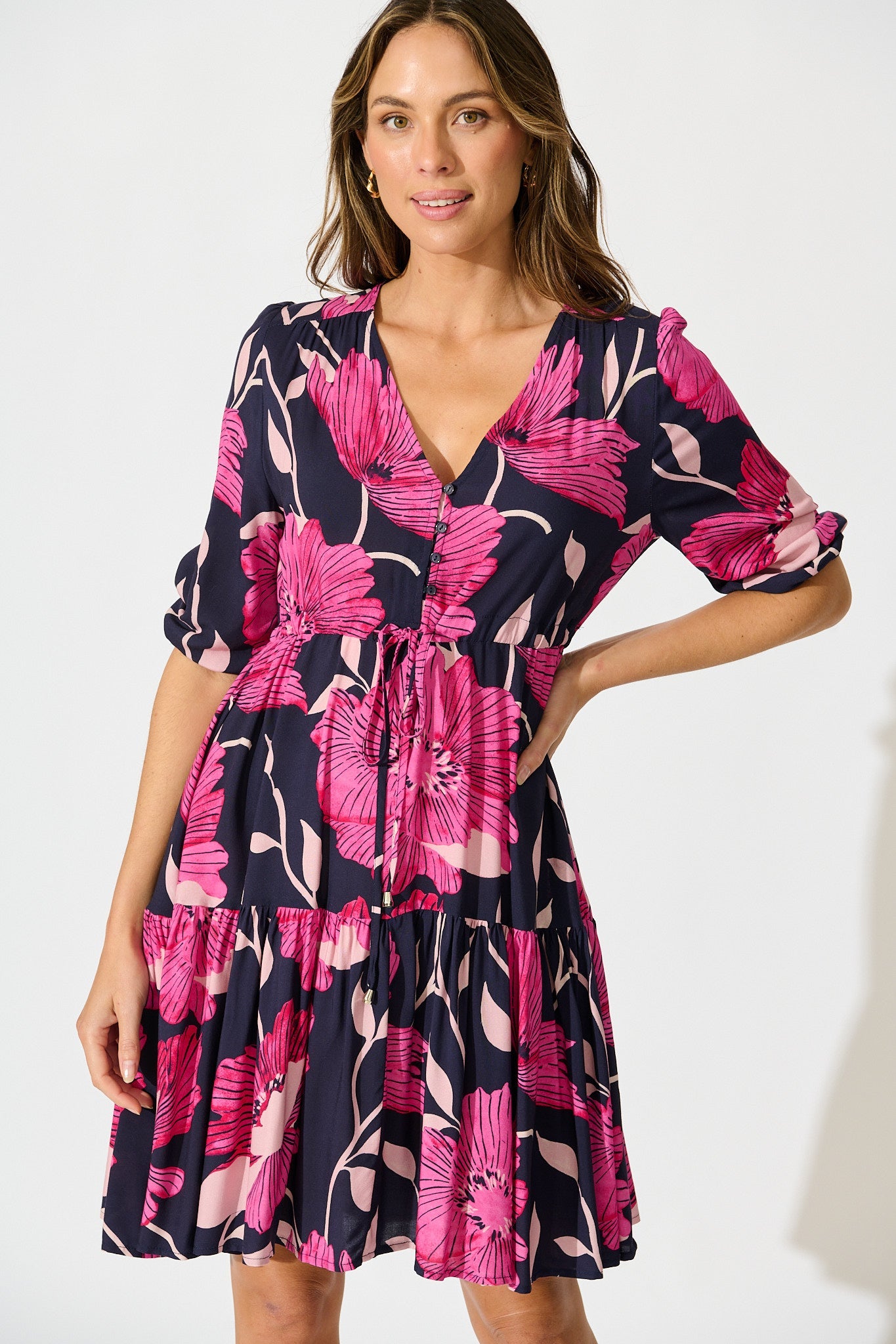 Apollo Dress in Navy with Pink Floral