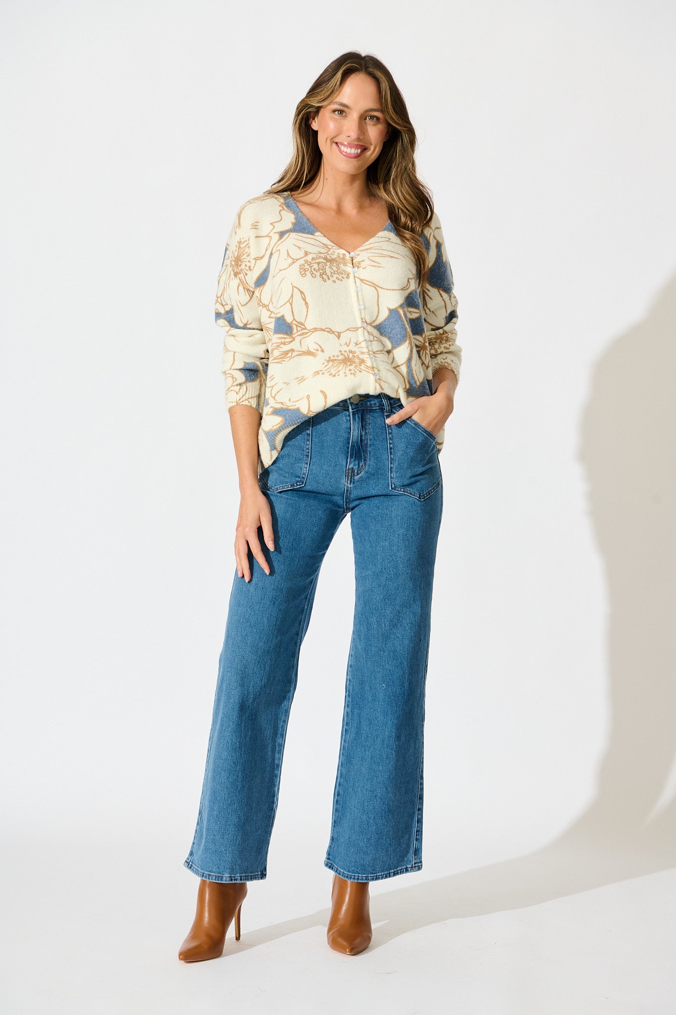 Pandora Knit Cardigan in Steel Blue Floral