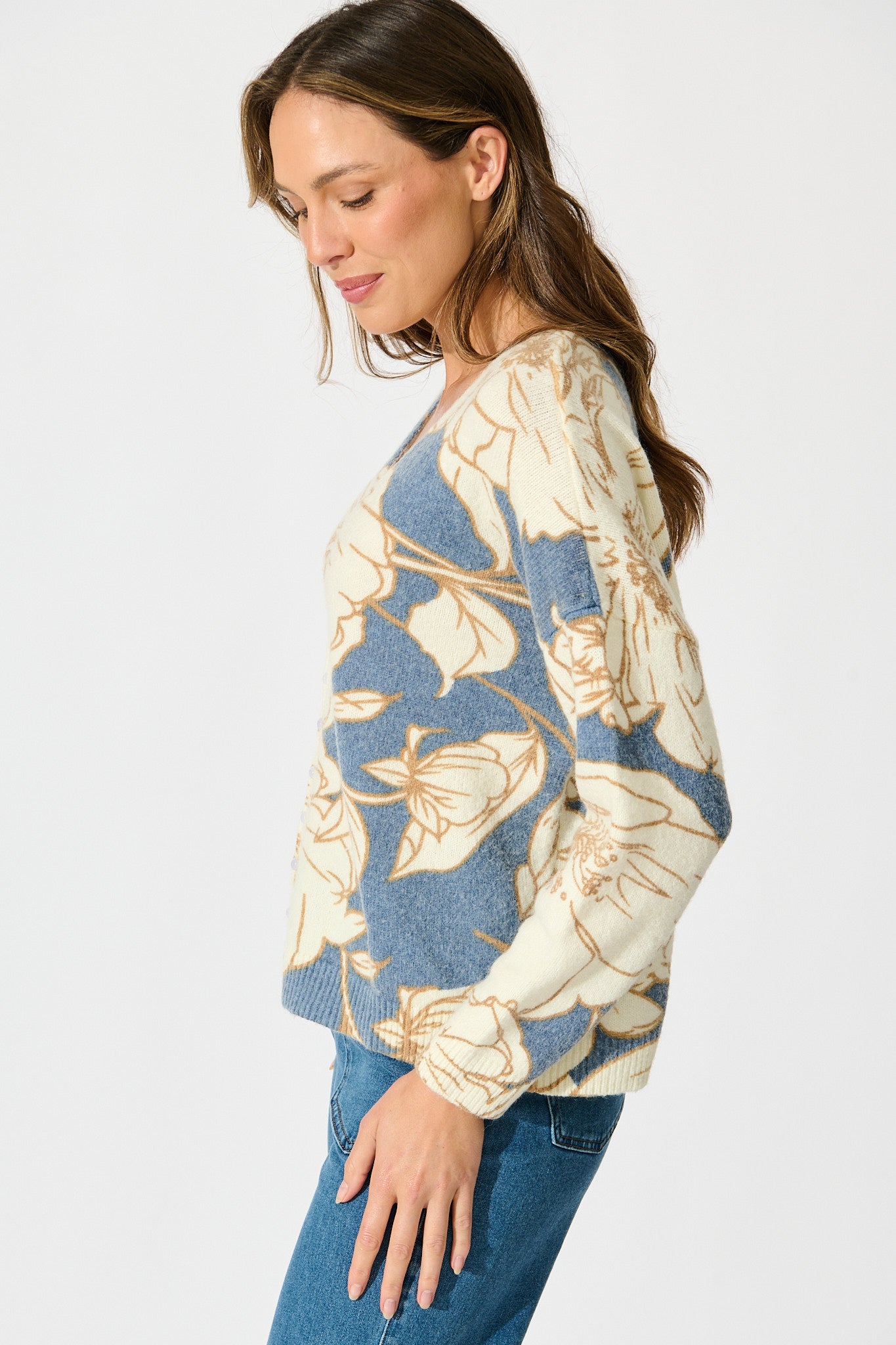 Pandora Knit Cardigan in Steel Blue Floral