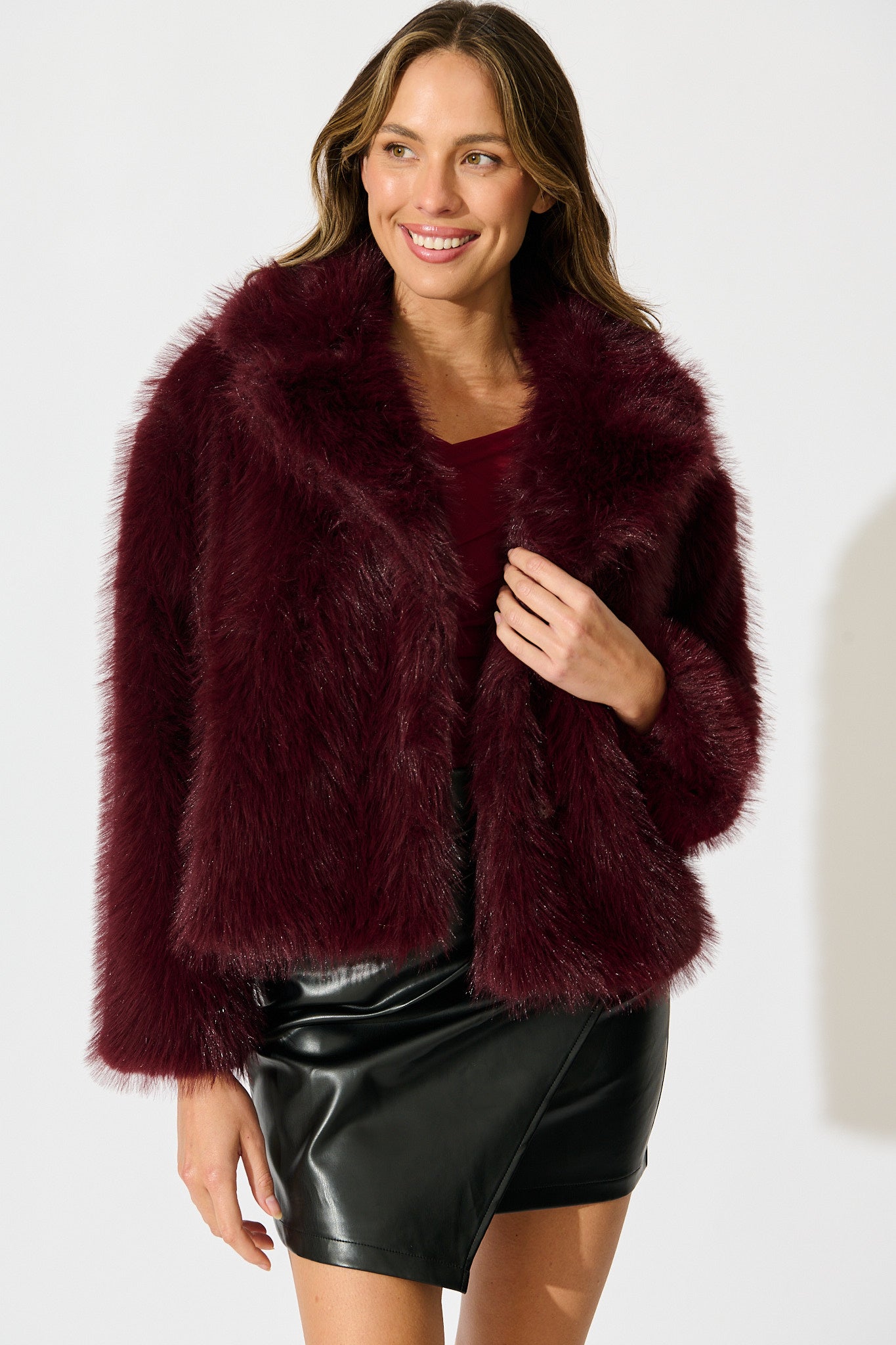 Maison Layer Faux Fur Jacket in Wine