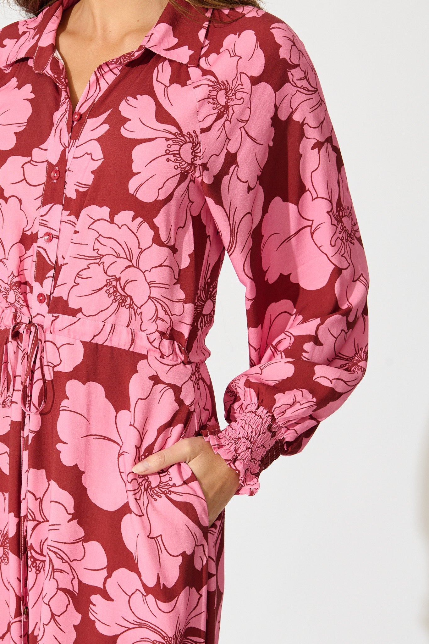 High Tea Midi Shirt Dress in Wine with Pink Floral