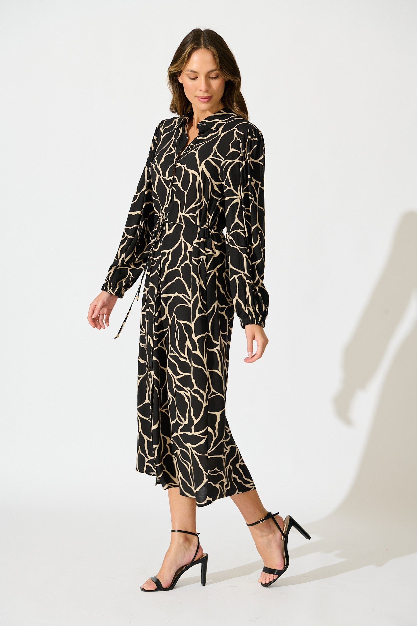 Think About It Maxi Shirt Dress in Black Geometric Print