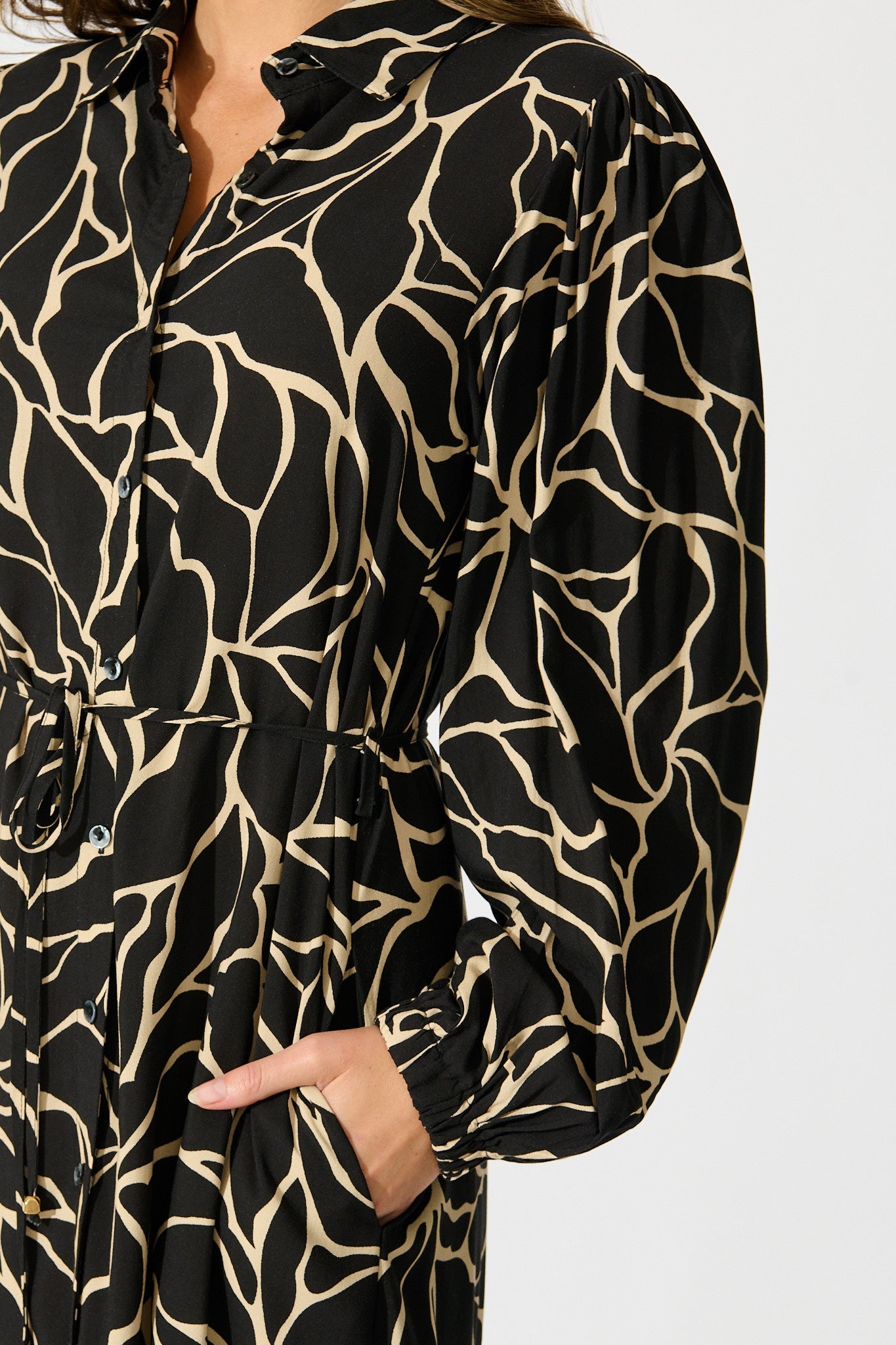 Think About It Maxi Shirt Dress in Black Geometric Print