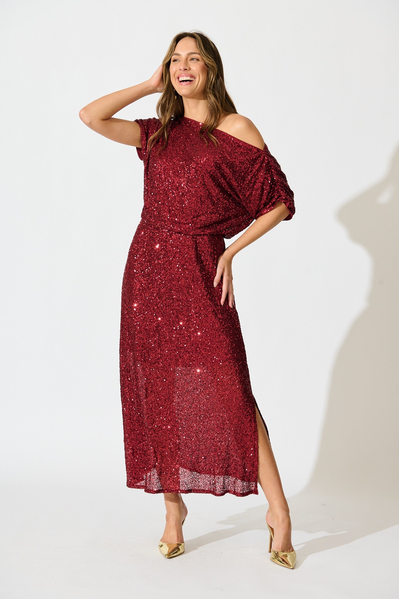 Amiri Off Shoulder Maxi Dress in Wine Sequin