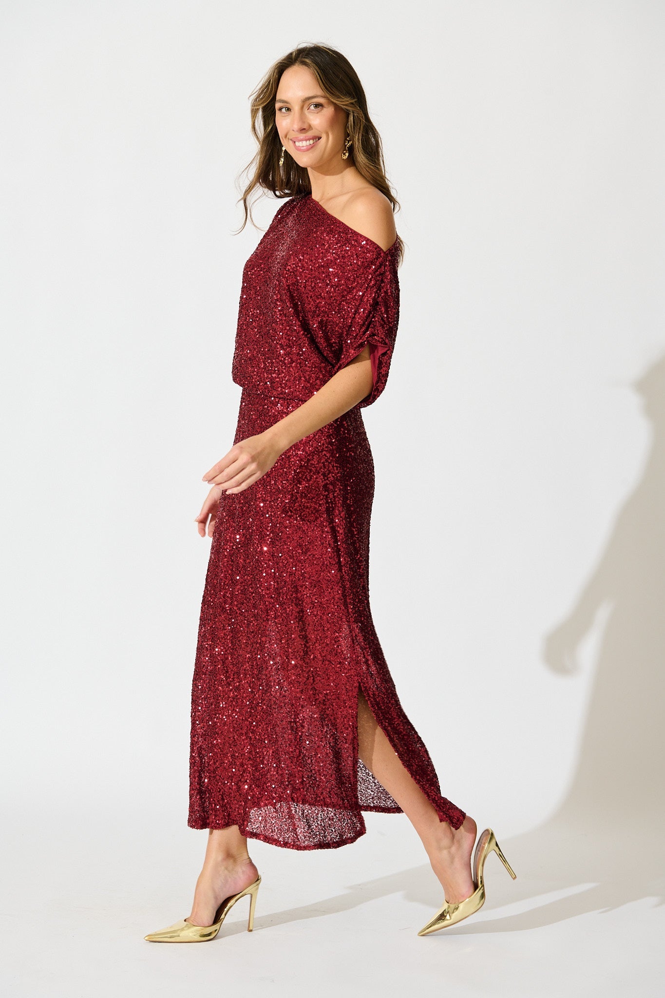 Amiri Off Shoulder Maxi Dress in Wine Sequin