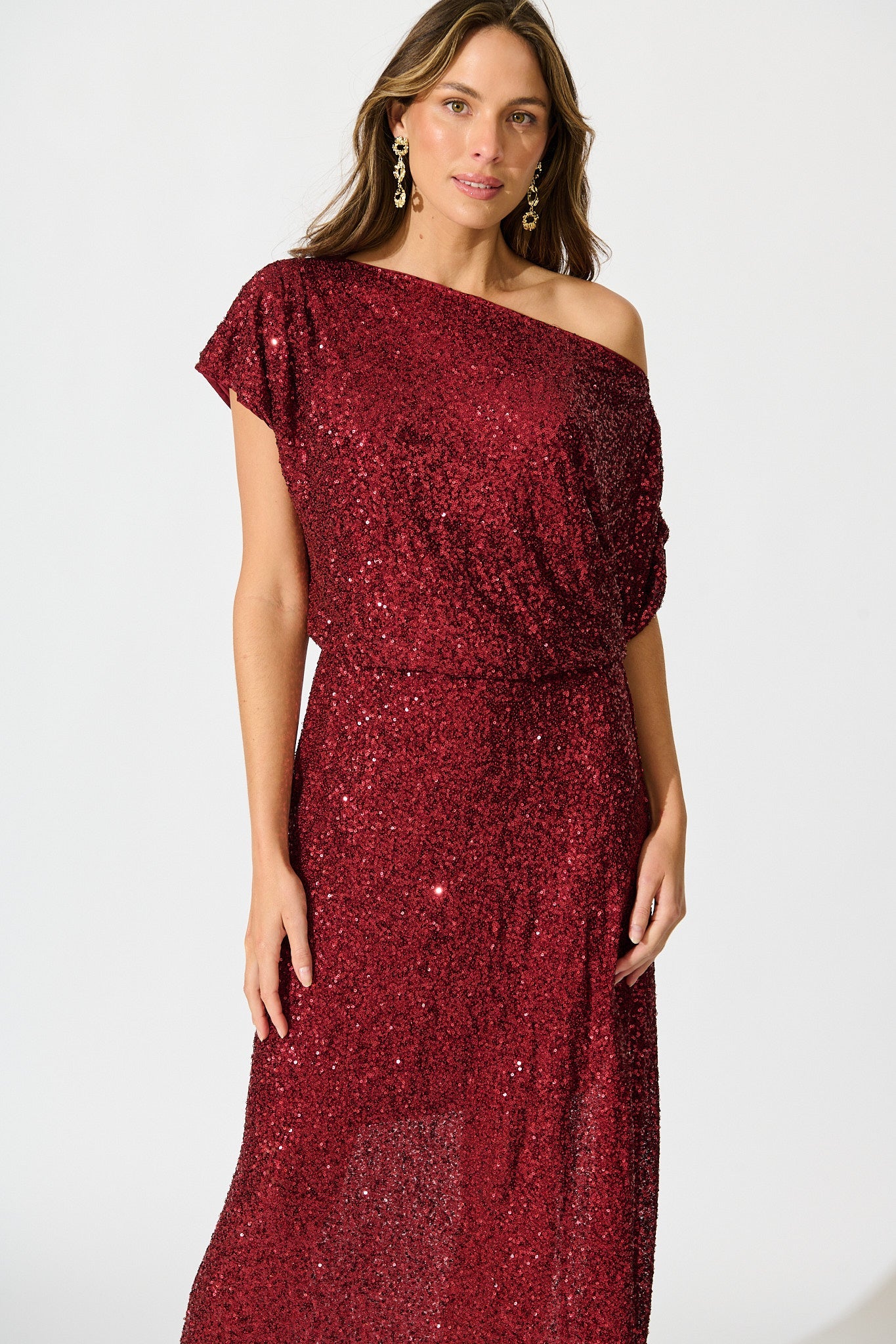 Amiri Off Shoulder Maxi Dress in Wine Sequin