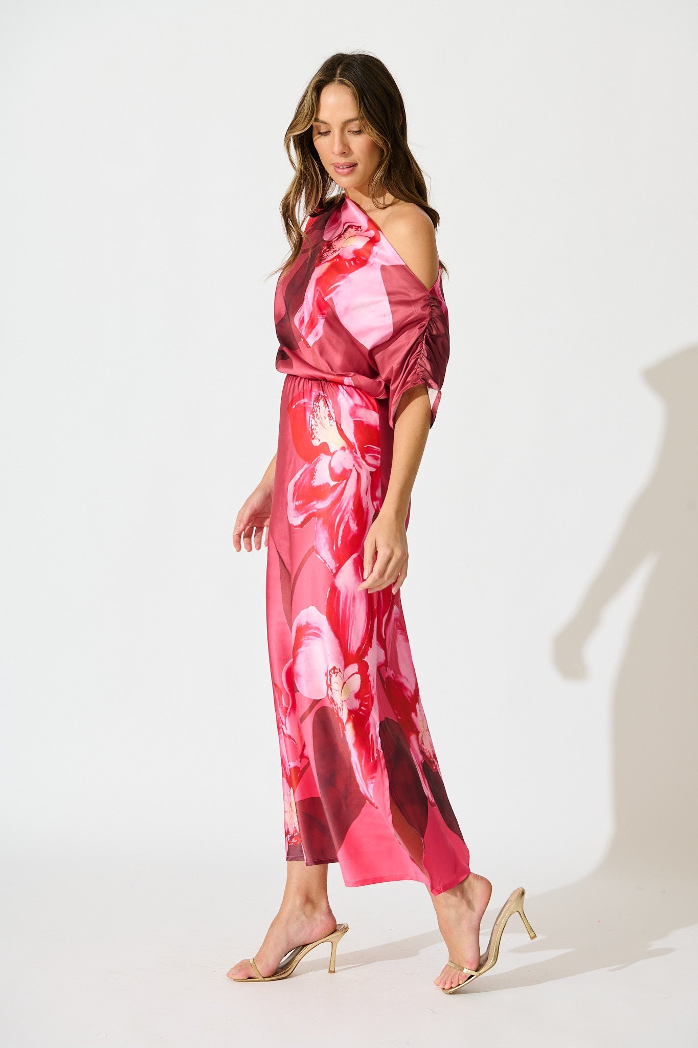 Sarita Maxi Off Shoulder Dress in Multi Pink Floral Satin