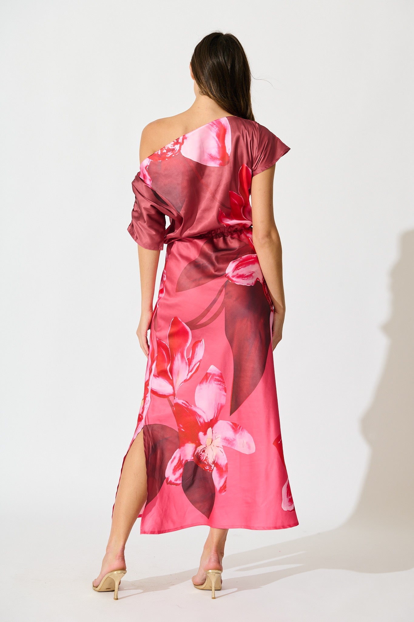 Sarita Maxi Off Shoulder Dress in Multi Pink Floral Satin