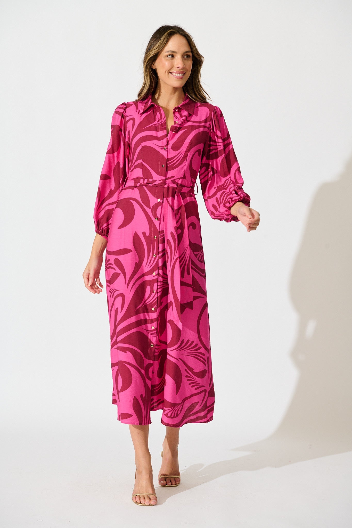 Lorna Maxi Shirt Dress in Pink with Wine Print