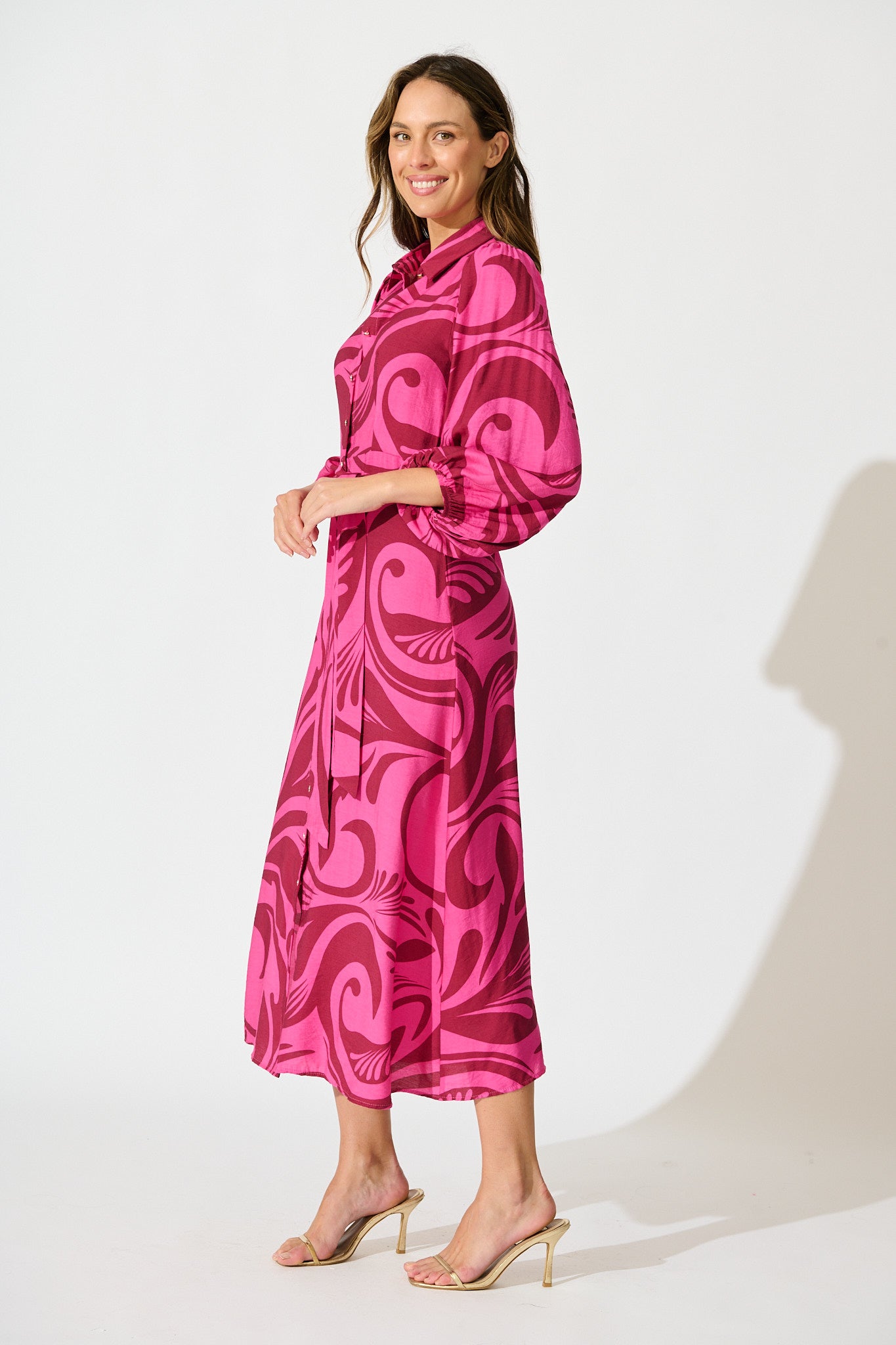 Lorna Maxi Shirt Dress in Pink with Wine Print