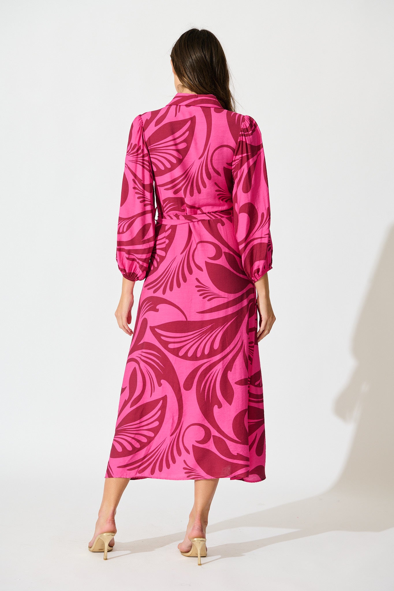 Lorna Maxi Shirt Dress in Pink with Wine Print