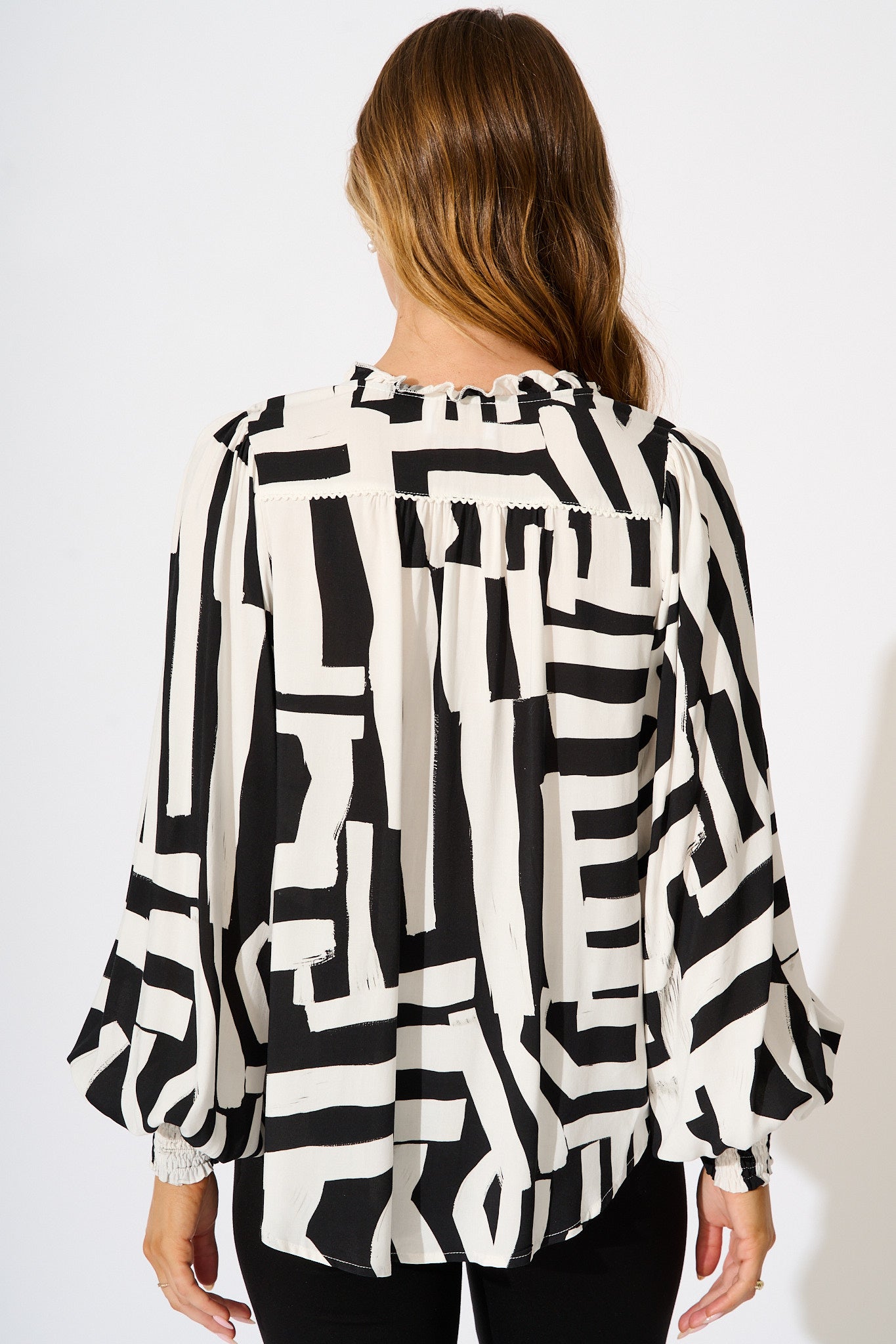 Solara Top in Black with White Geometric Print