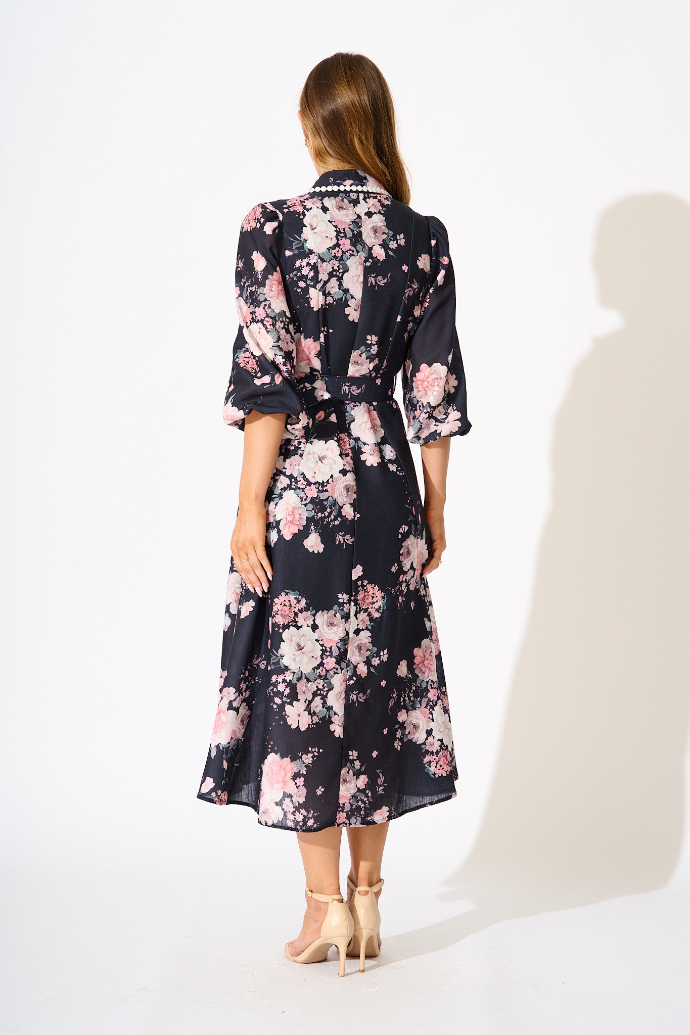 Art Of Bloom Midi Shirt Dress in Black with Blush Floral Linen Blend
