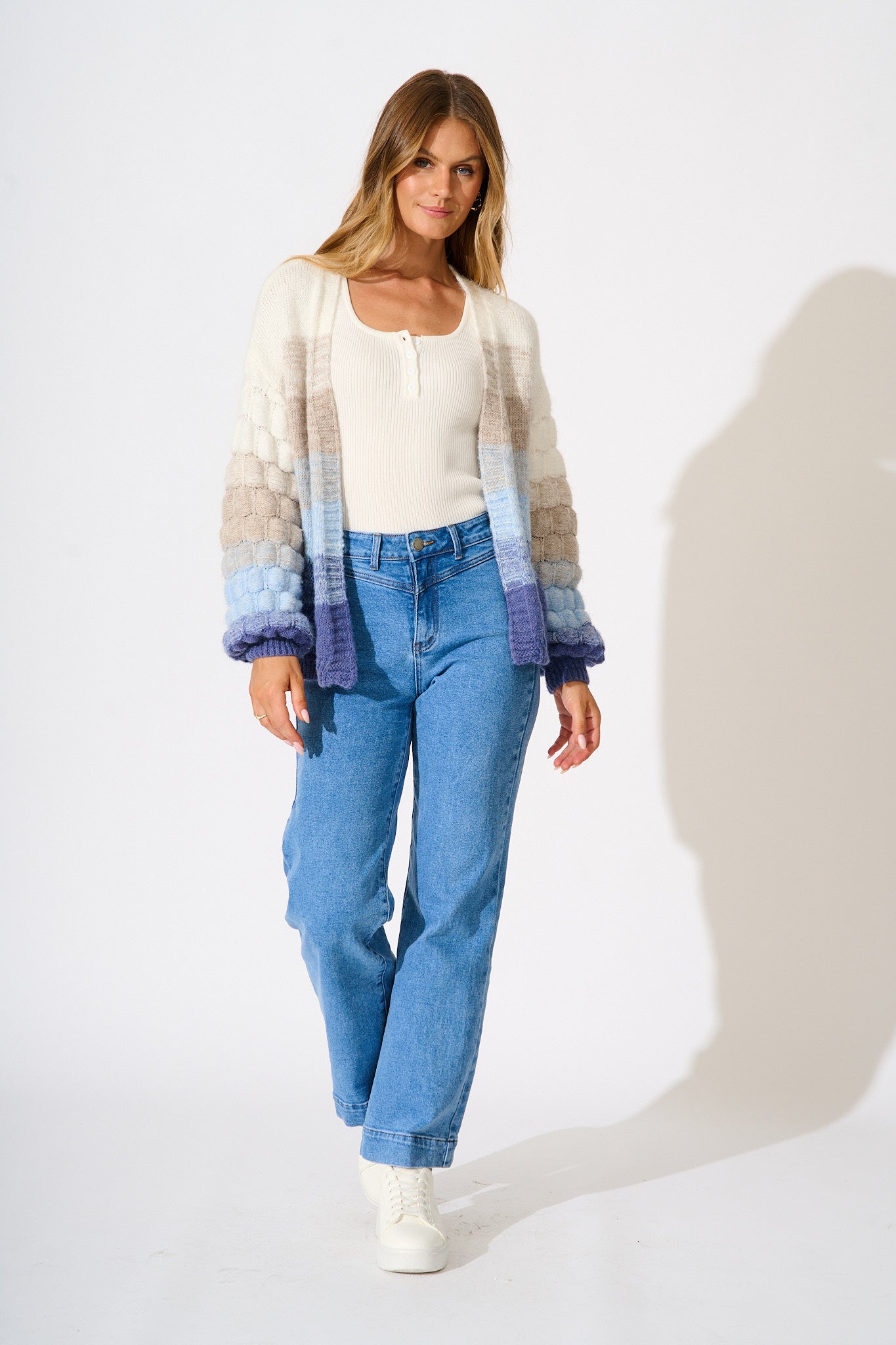 Darbie Knit Cardigan in Blue with Grey Stripe Wool Blend