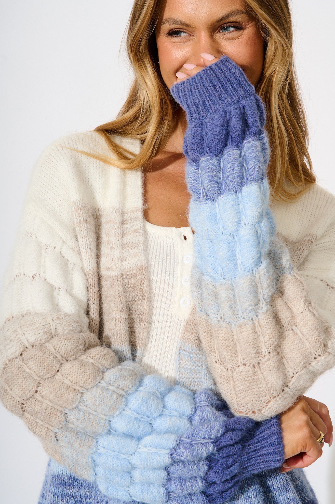 Darbie Knit Cardigan in Blue with Grey Stripe Wool Blend